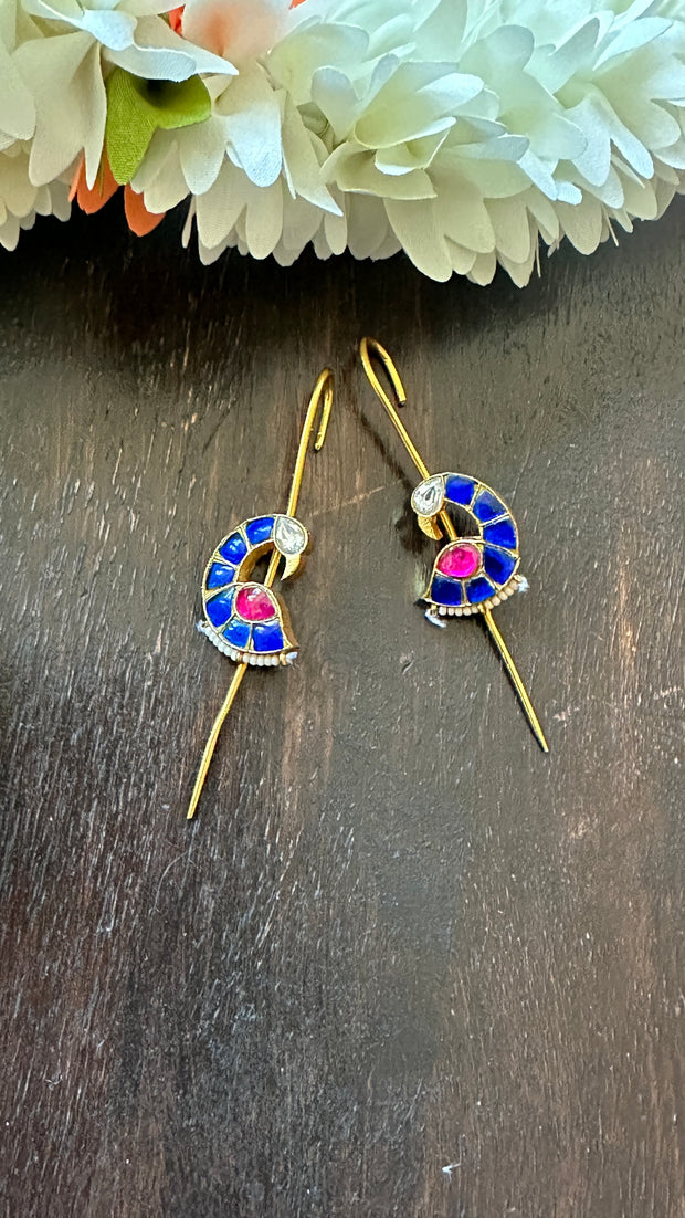 Blue and red color kundan stone ear pin/cuff
