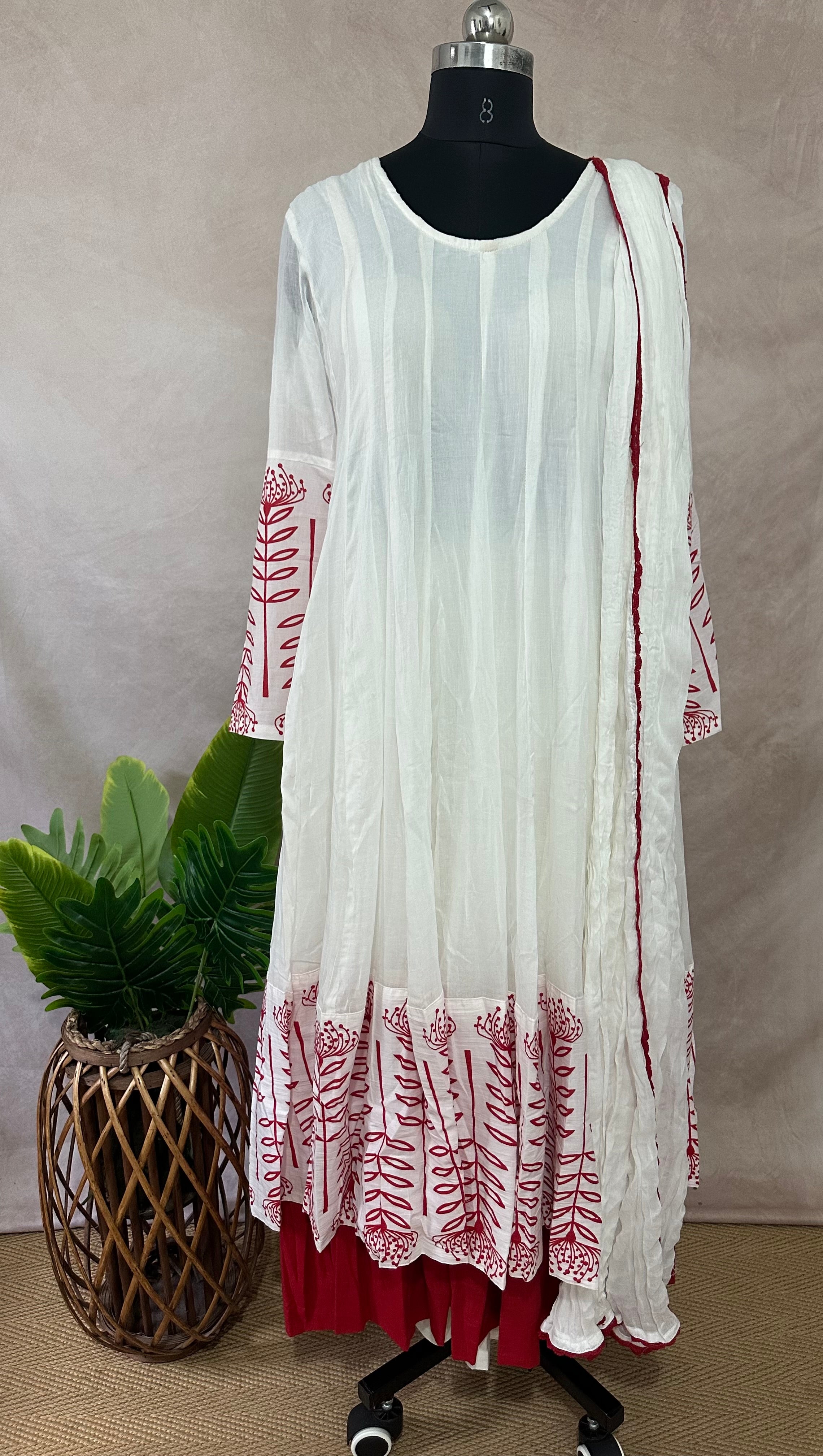 White and red pure cotton flared designer anarkali set