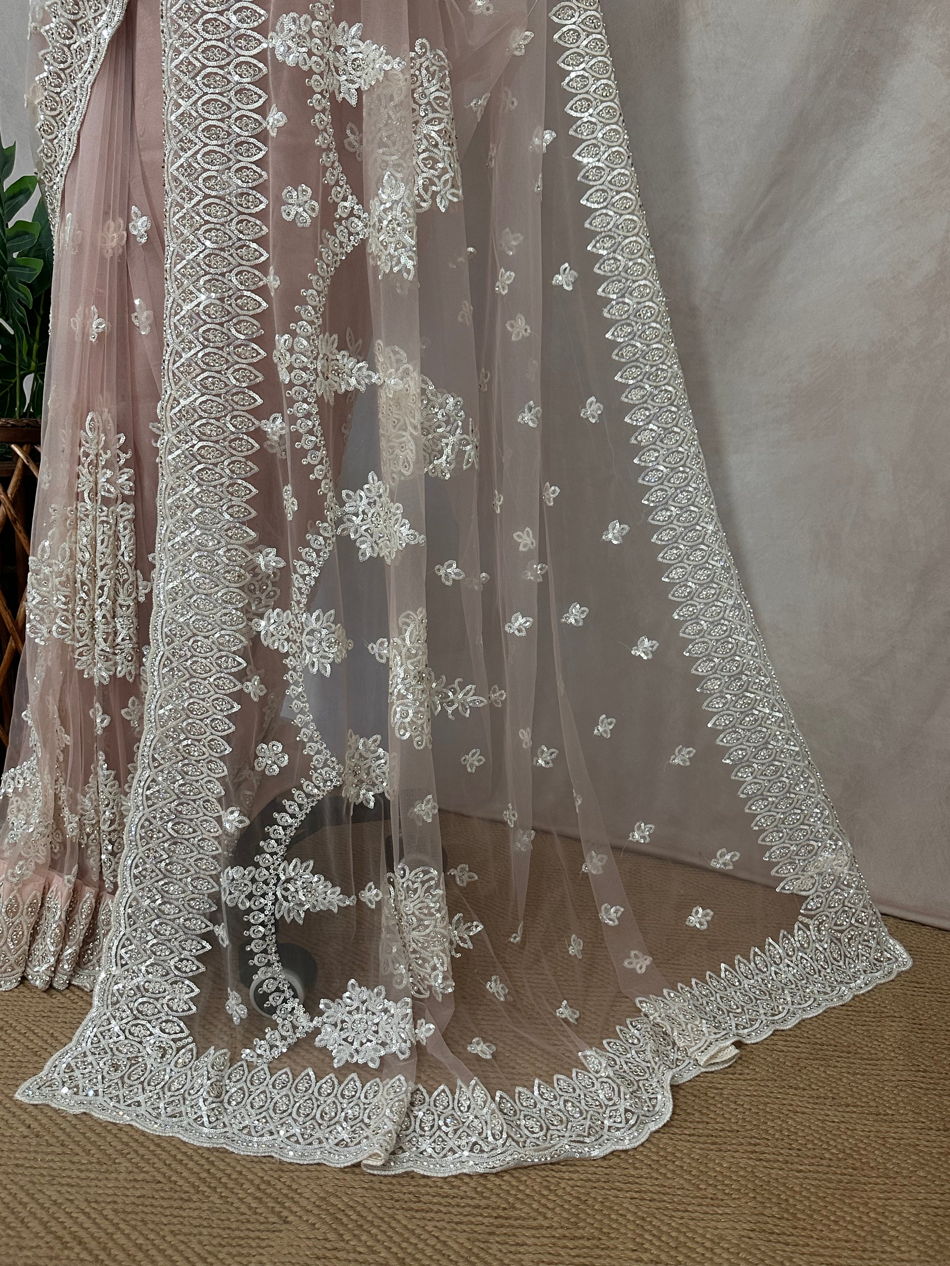 Heavy Embroidered Net Saree with stitched blouse and under skirt