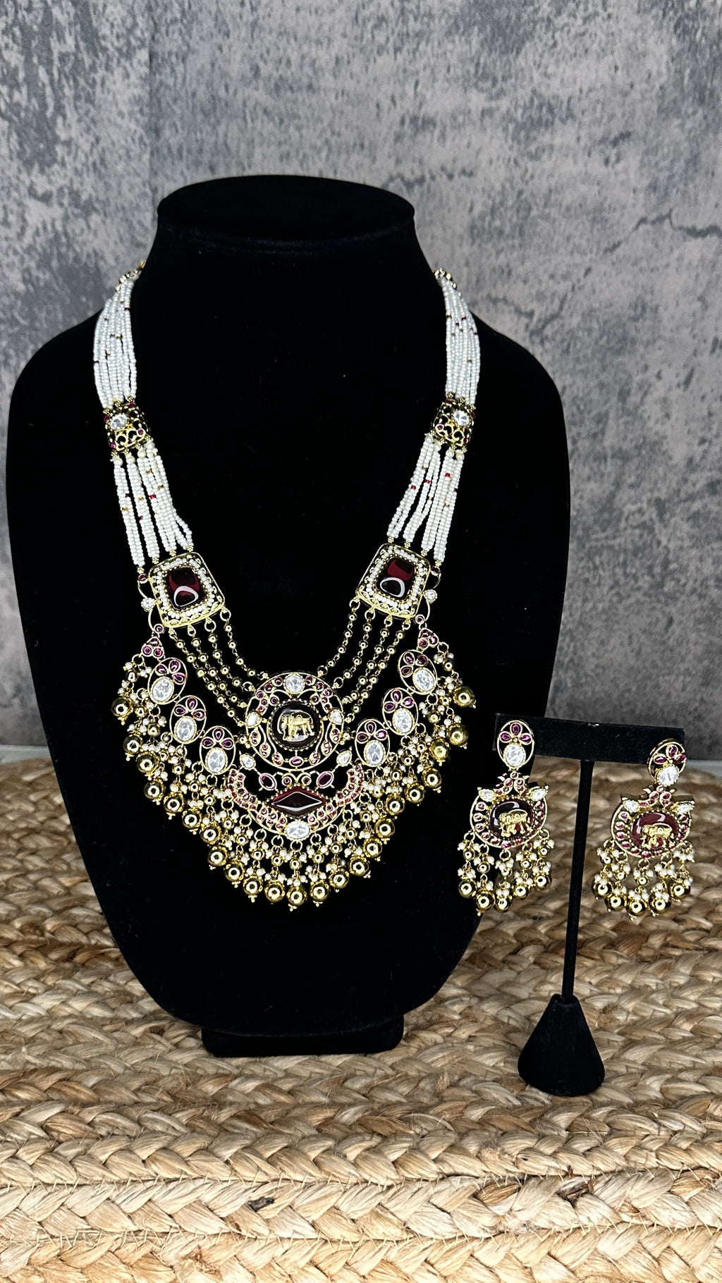 Designer replica Necklace with maroon stone and earring