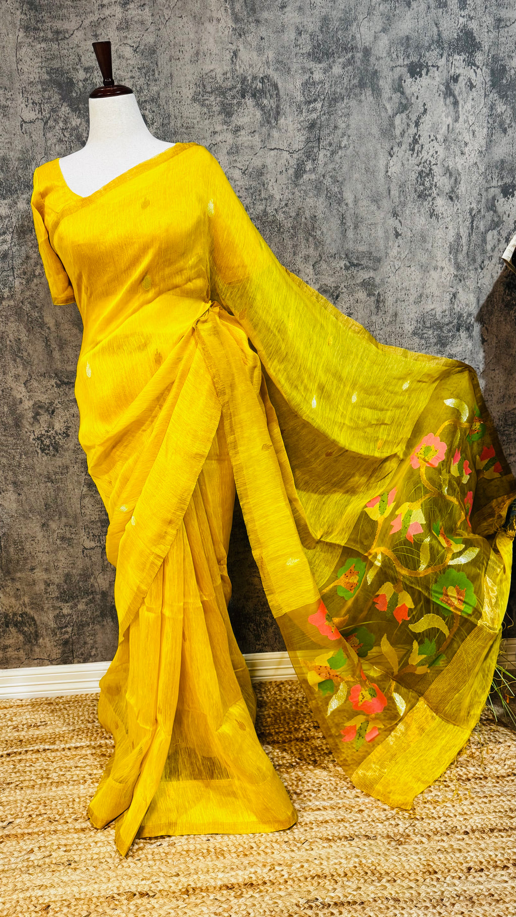 Pure silk linen saree with jamdani weave and stitched blouse