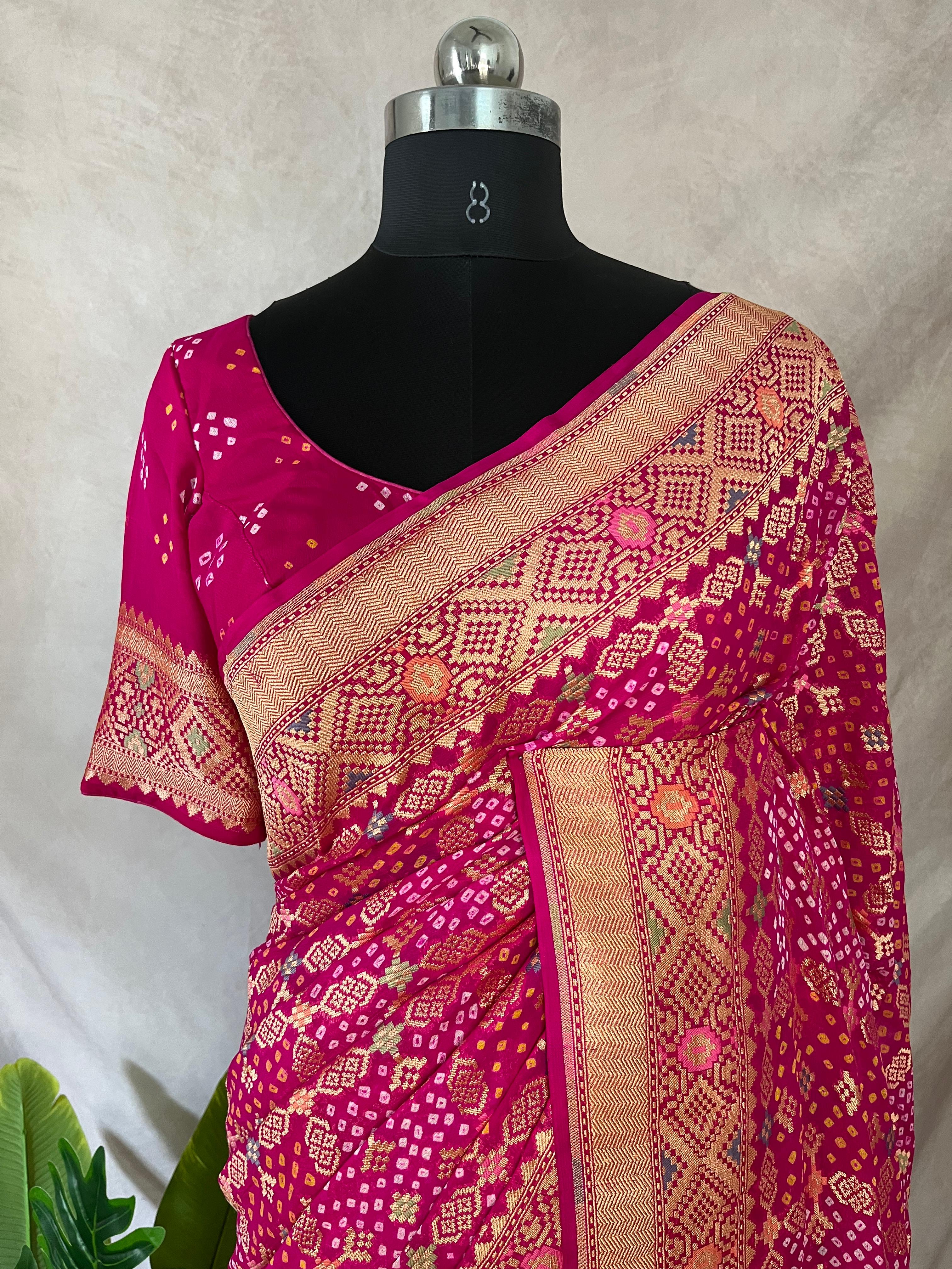 Pure Georgette banarasi sari with rai bandhani, stitched blouse