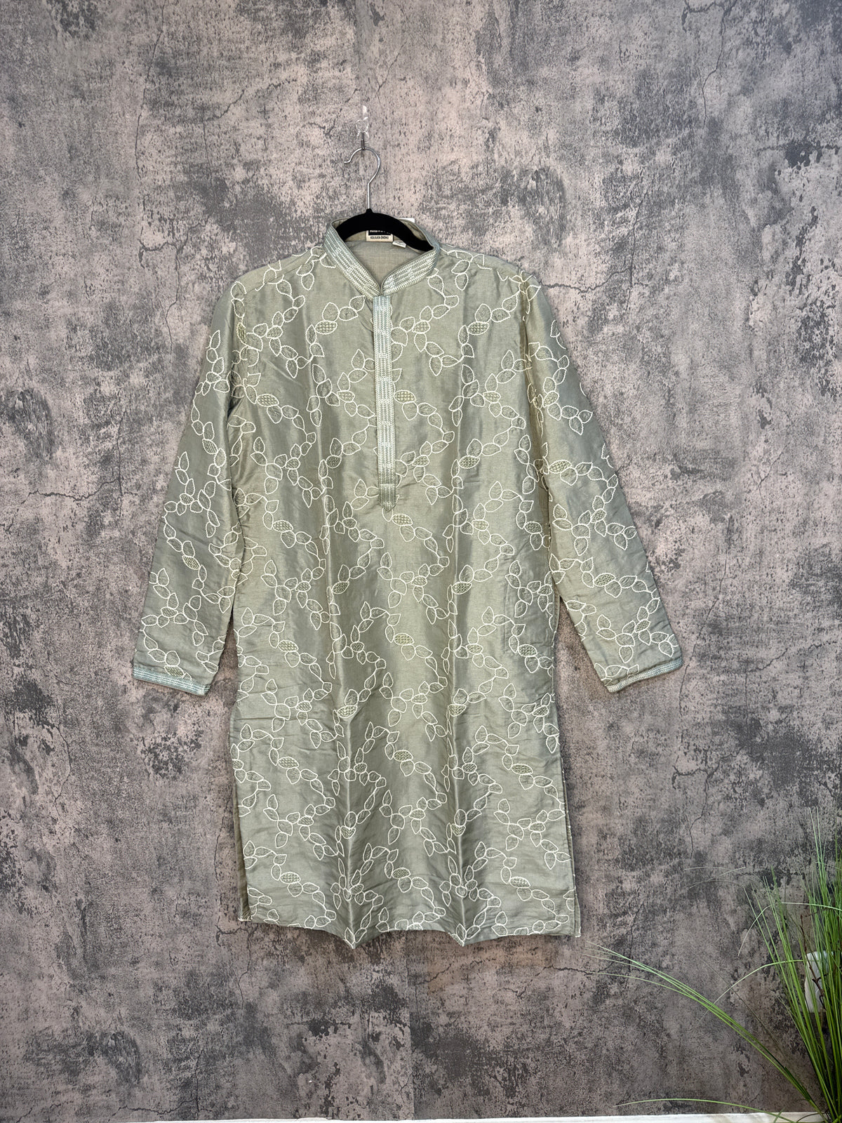 Light sage green kurta with self embroidery