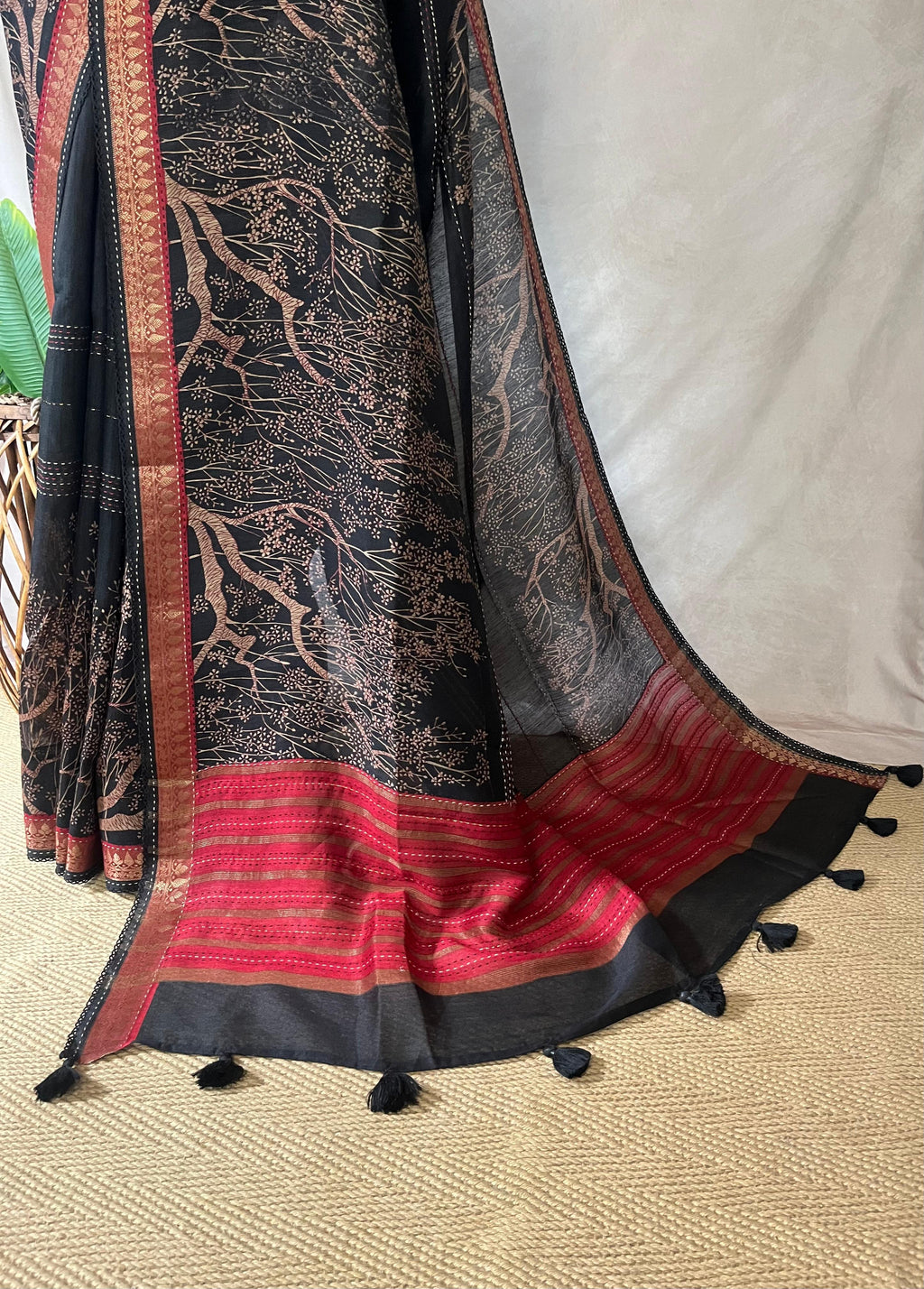 Printed blended tussar silk saree with kanta work and stitched blouse