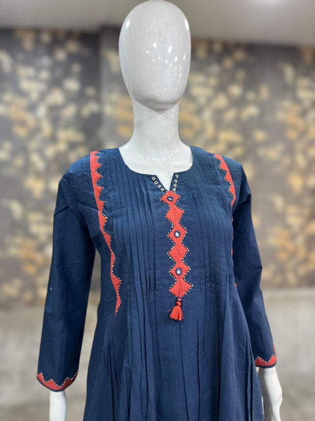 Navy blue cotton kurti with mirror and hadwork, and bottom
