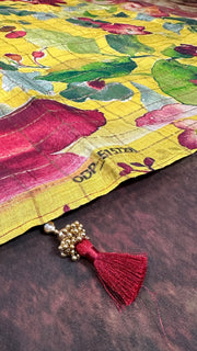Silk mark certified Pure yellow tussar silk saree with digital floral print, with stitched blouse