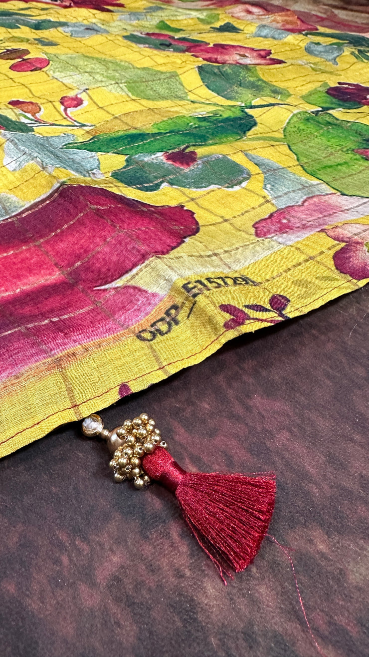 Silk mark certified Pure yellow tussar silk saree with digital floral print, with stitched blouse