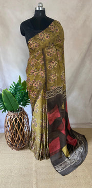 Nashpal Tussar by modal silk saree with hand block print with natural dye, with BP
