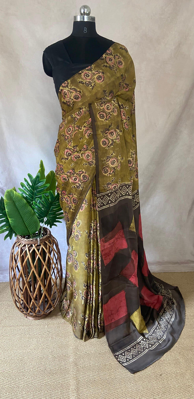 Nashpal Tussar by modal silk saree with hand block print with natural dye, with BP