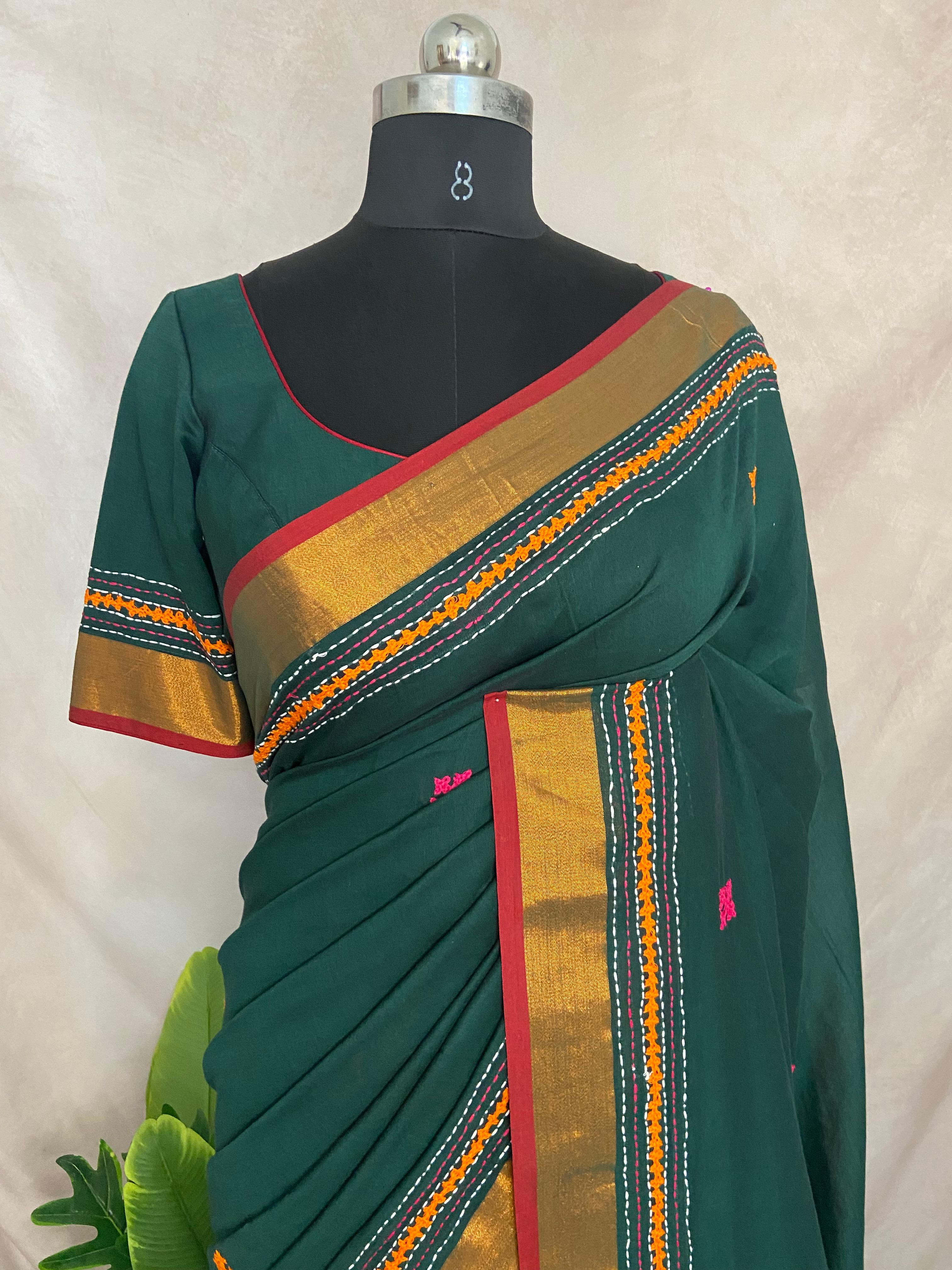 Green cotton saree with kutch work and stitched blouse