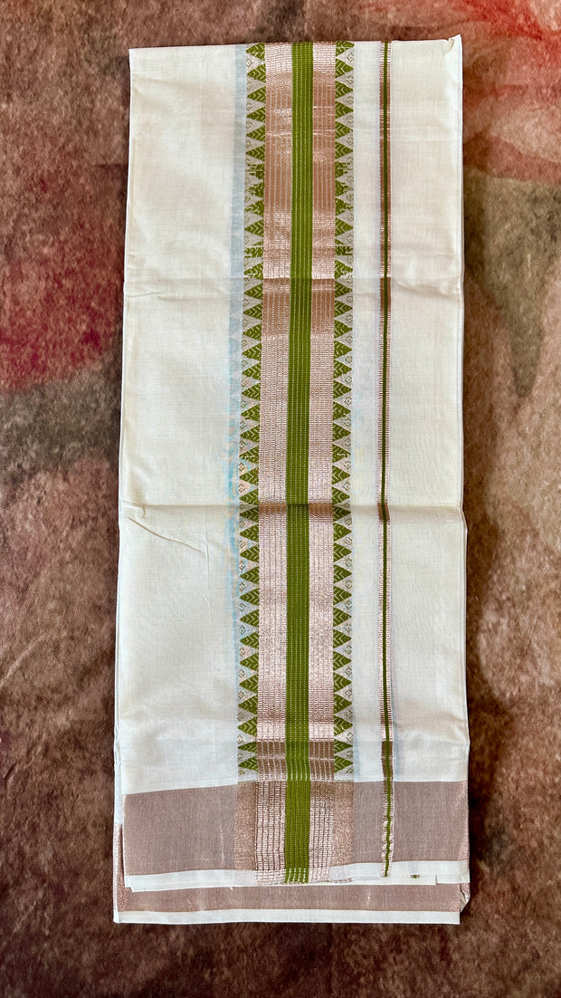 Olive green and rose gold zari weave set mundu