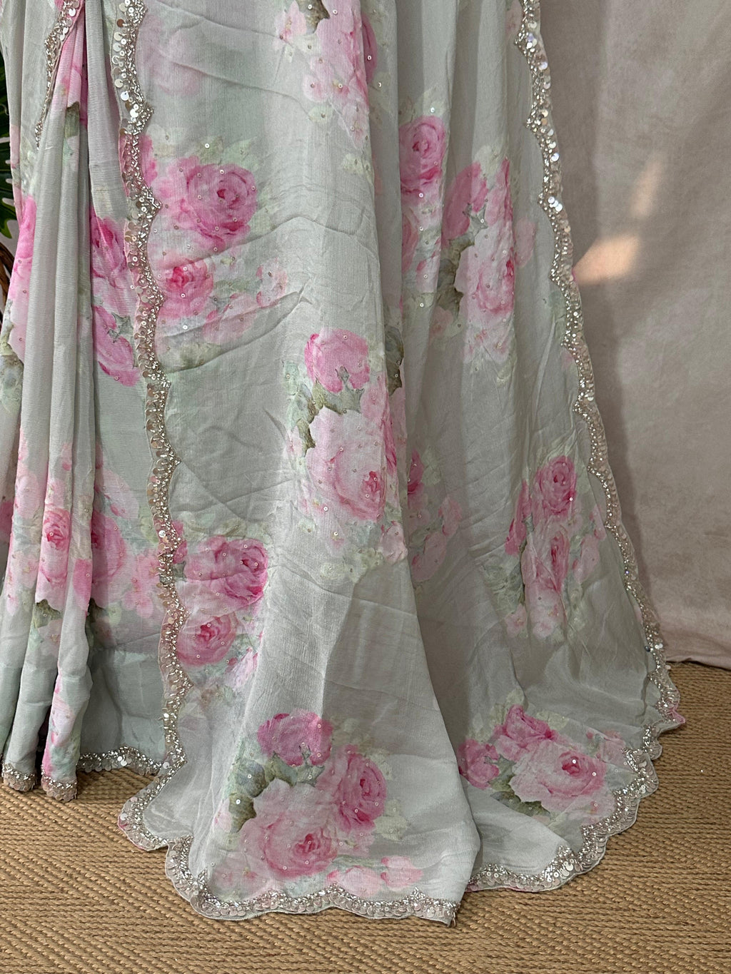 Crepe saree with sequins border , blouse and under skirt