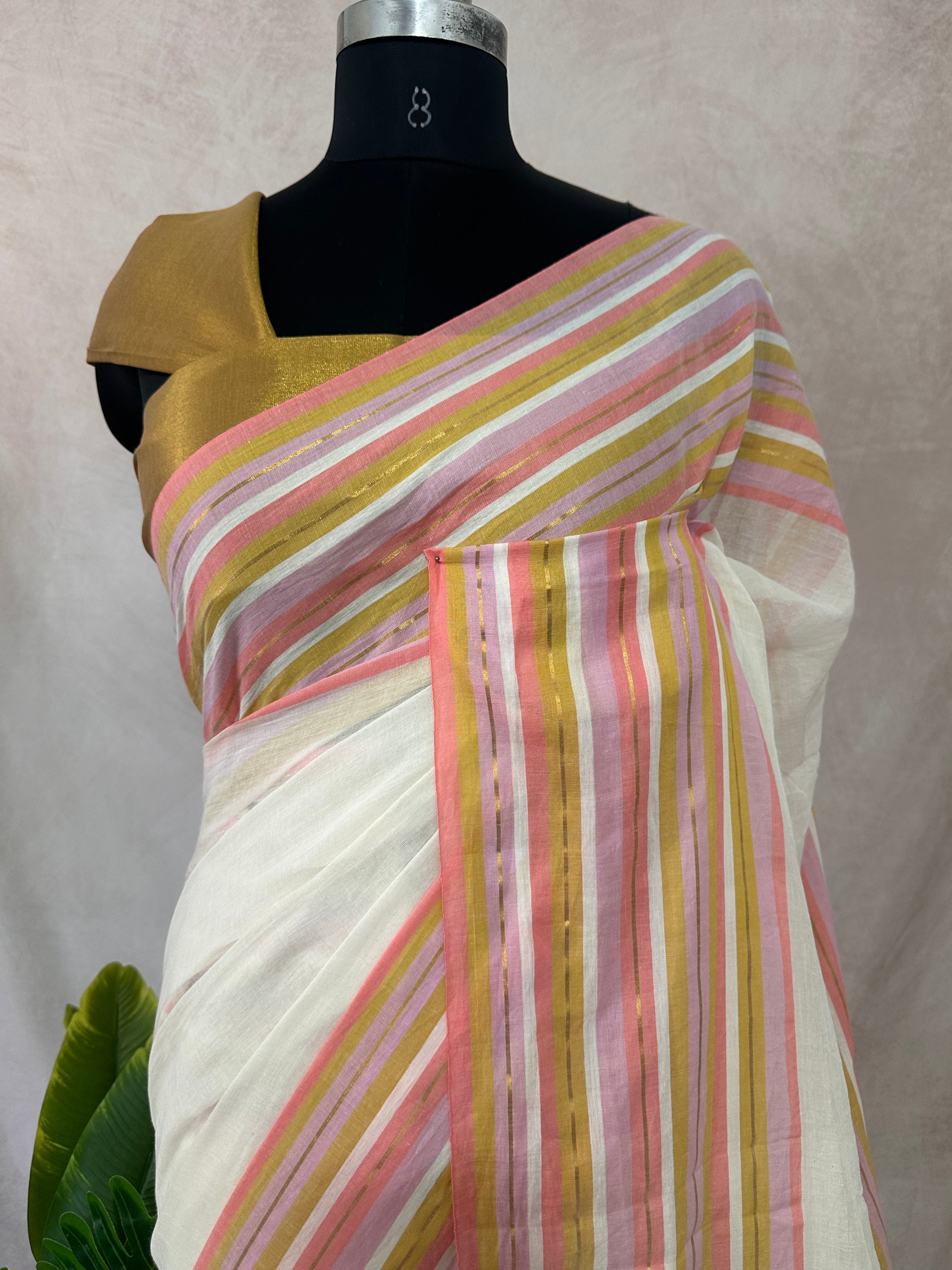 Multi color border 120 count mulcotton saree