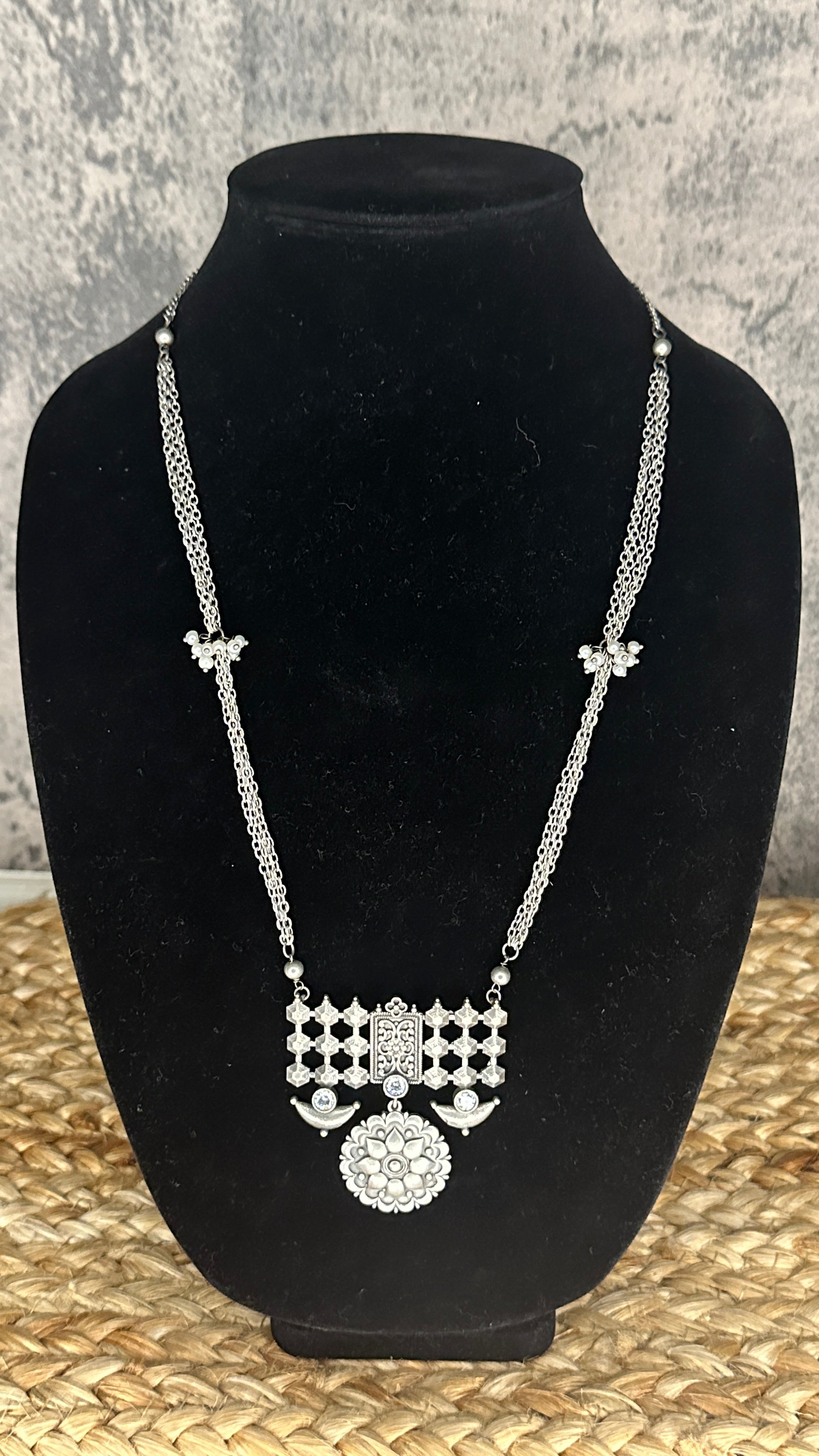 Silver replica necklace and earring - with white stone