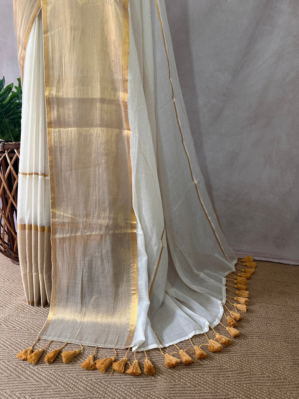 Gold 120 count mulcotton saree with zari lines