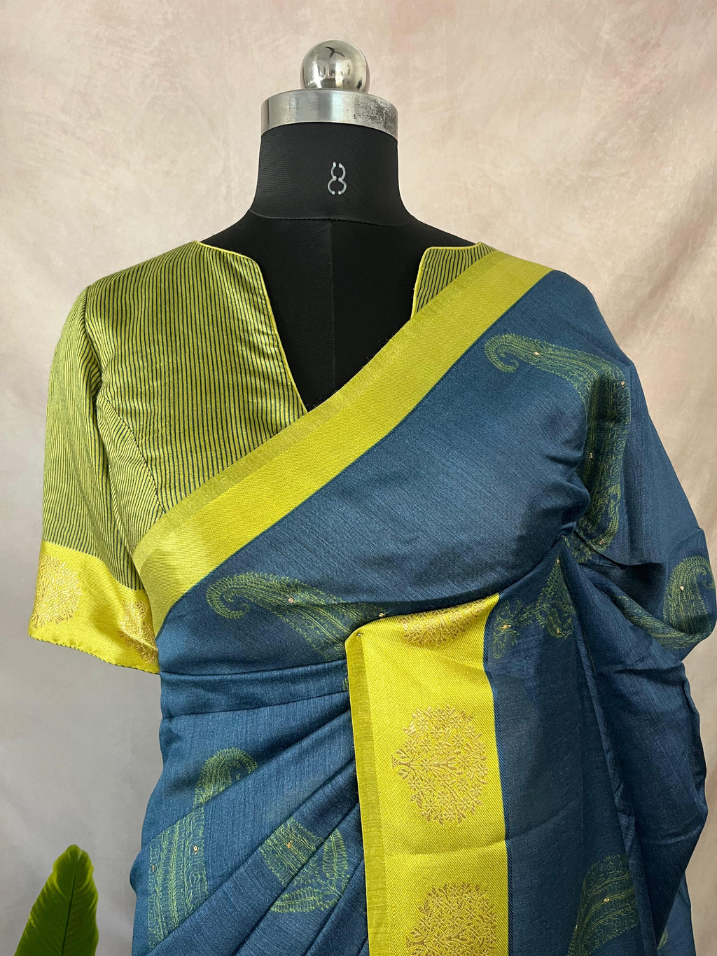 Printed blended tussar silk saree with hand work and stitched blouse