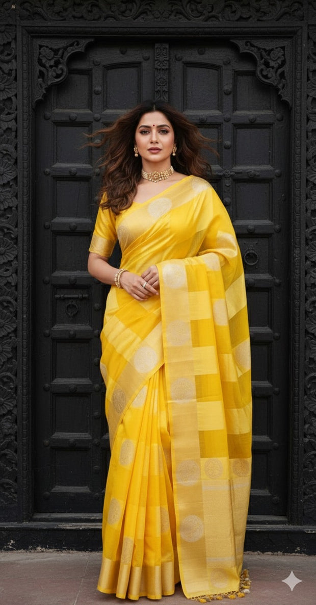 Yellow pure organza silk designer saree with stitched blouse