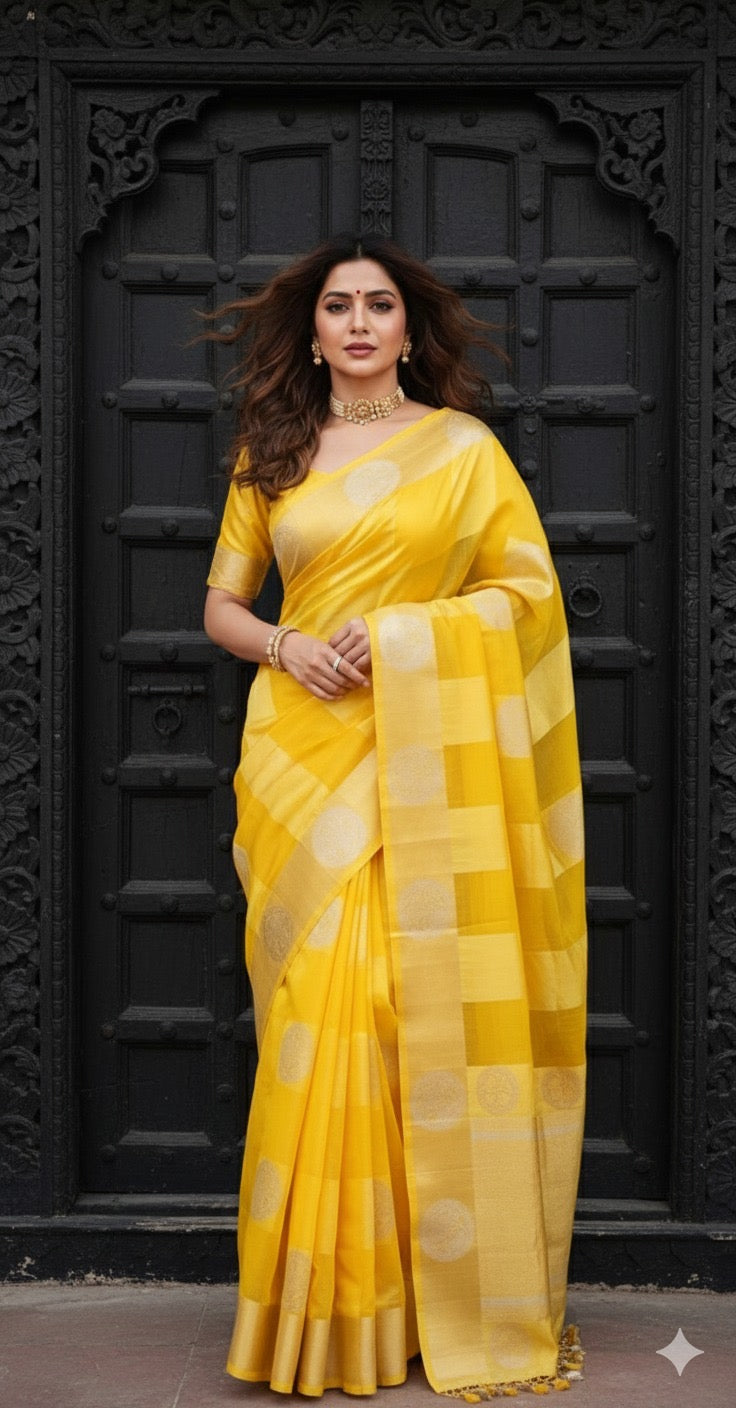 Yellow pure organza silk designer saree with stitched blouse