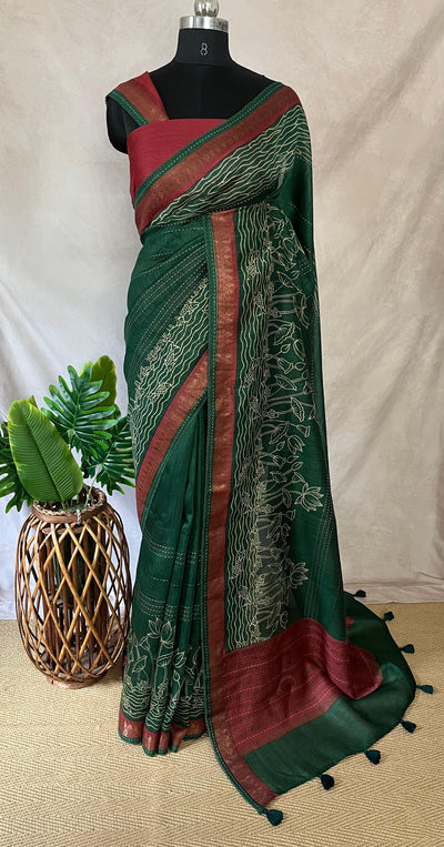 Green and red tussar silk saree with kantha work on border, includes BP
