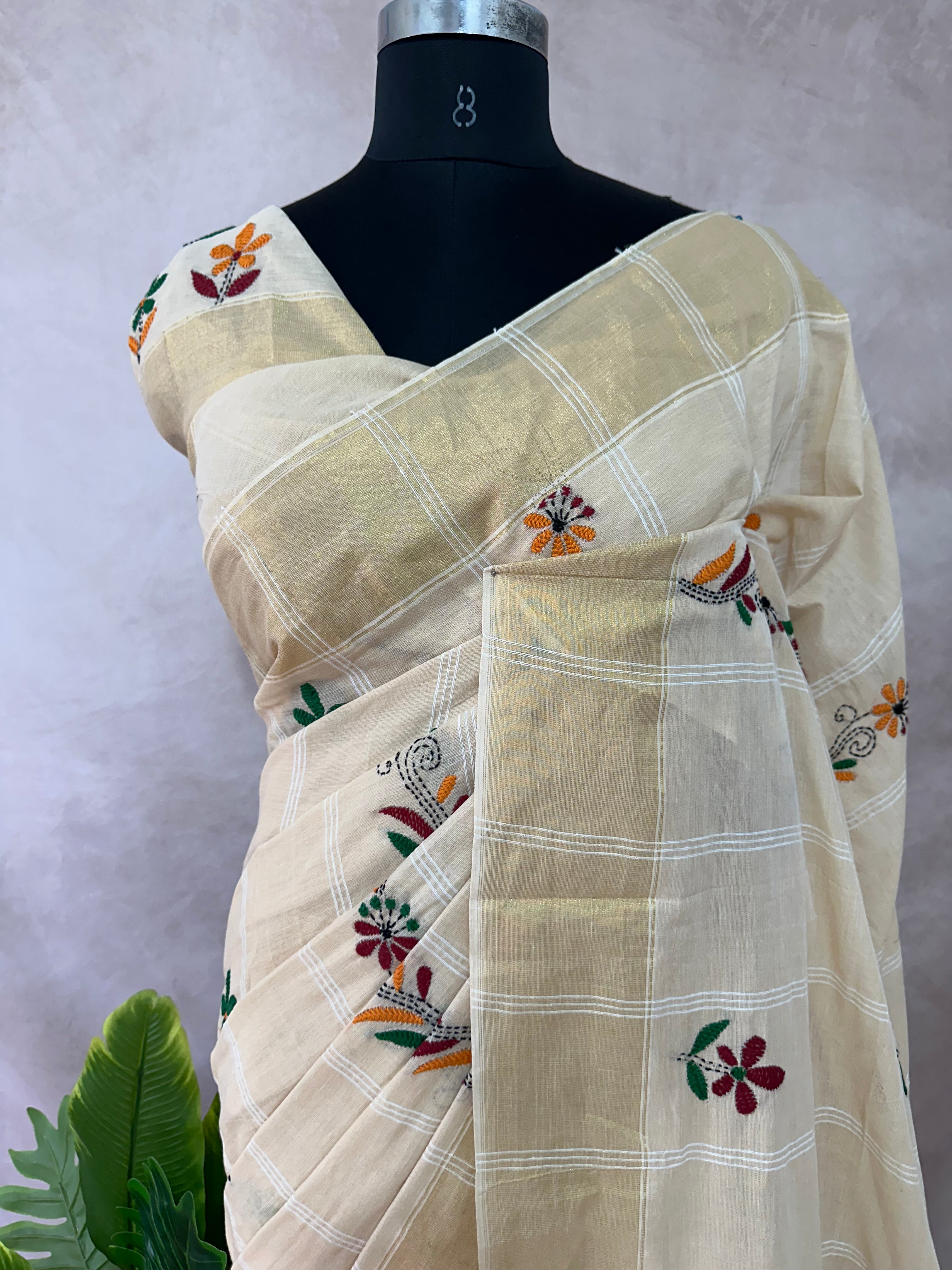 Hanloom cotton saree with kantha work