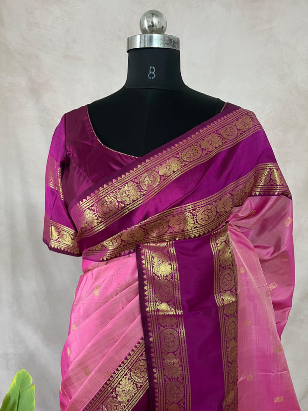 Pink and Majenta Kanchivaram saree with stitched blouse