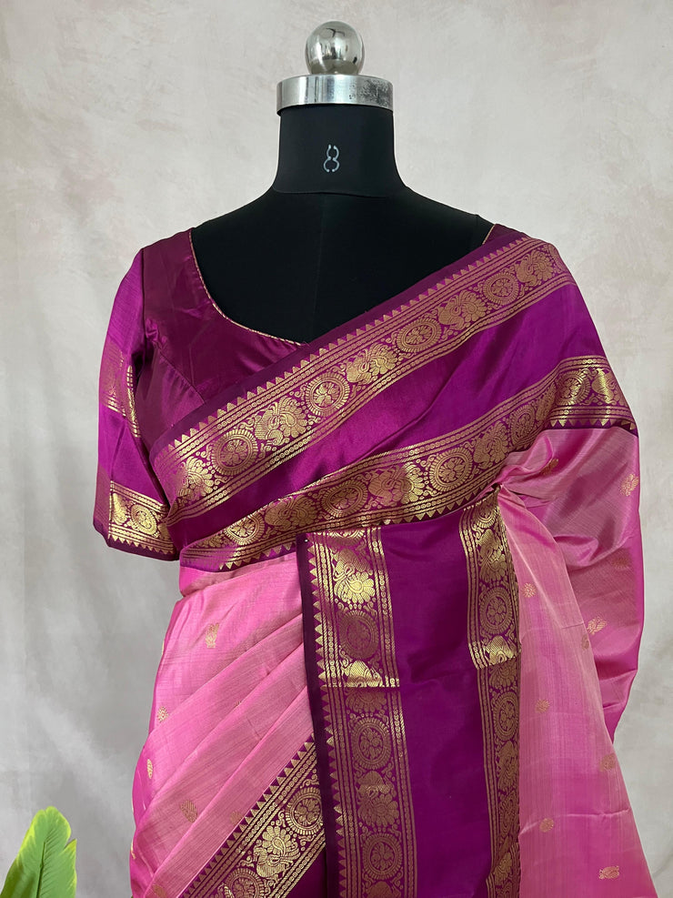 Pink and Majenta Kanchivaram saree with stitched blouse