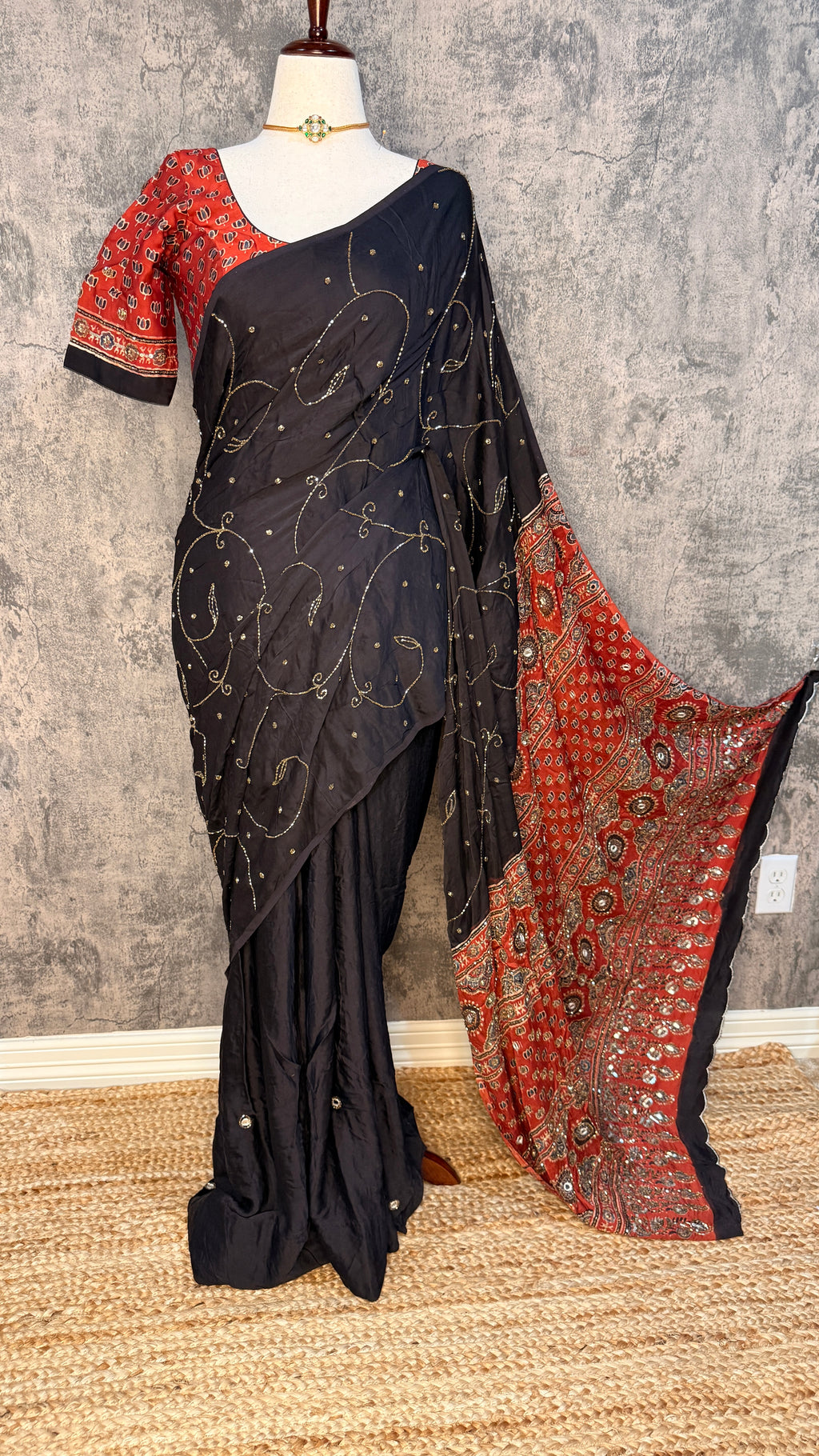 Modal silk saree with bead and mirror work , stitched blouse