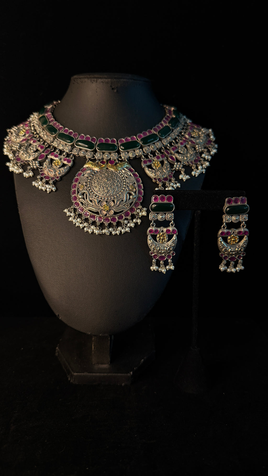 Dual tone necklace with green and pink stones and earring