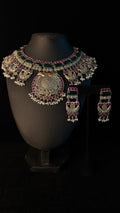 Dual tone necklace with green and pink stones and earring