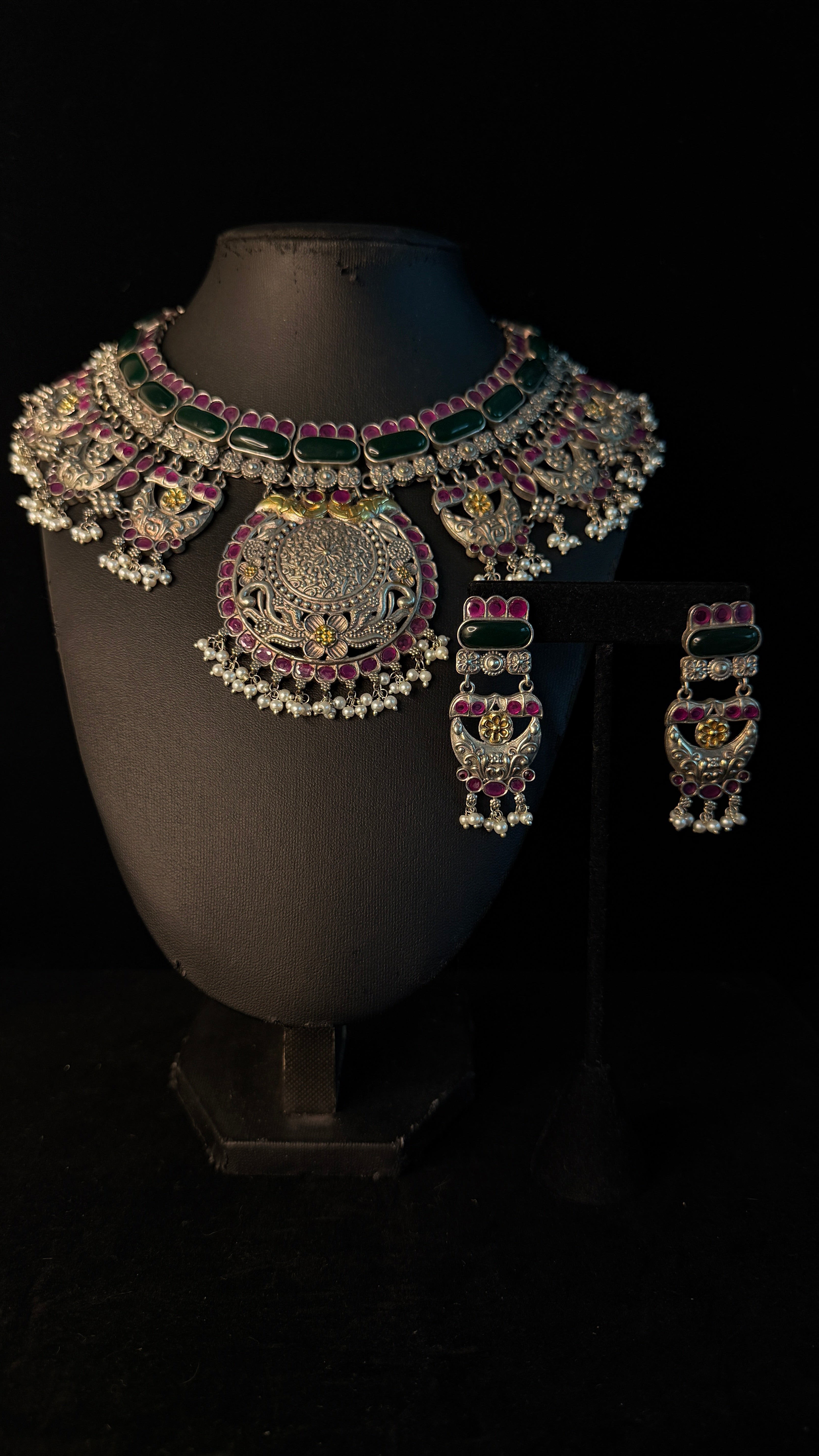 Dual tone necklace with green and pink stones and earring