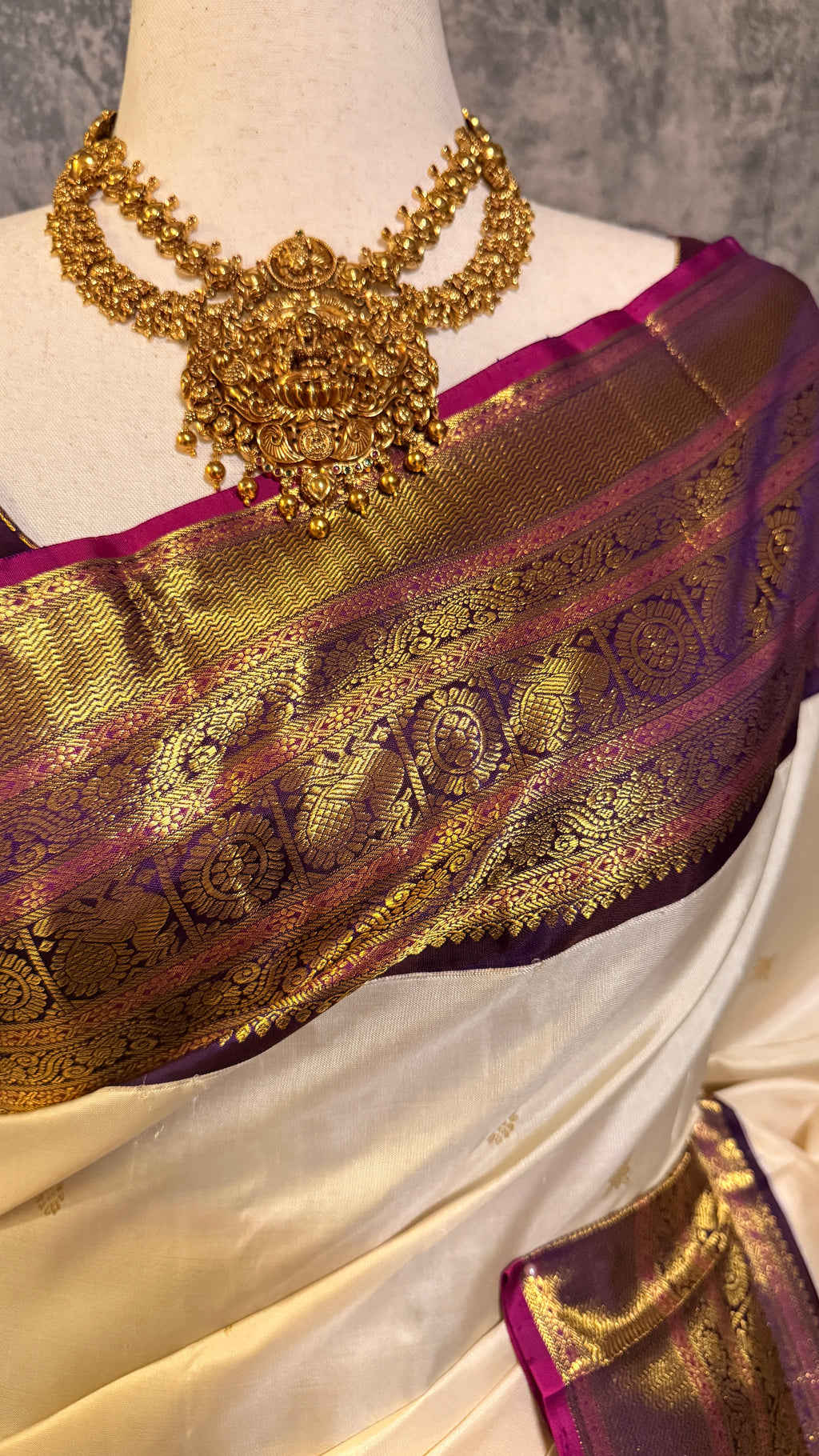 Handloom Kanchivaram handloom pure silk saree, off white with purple border