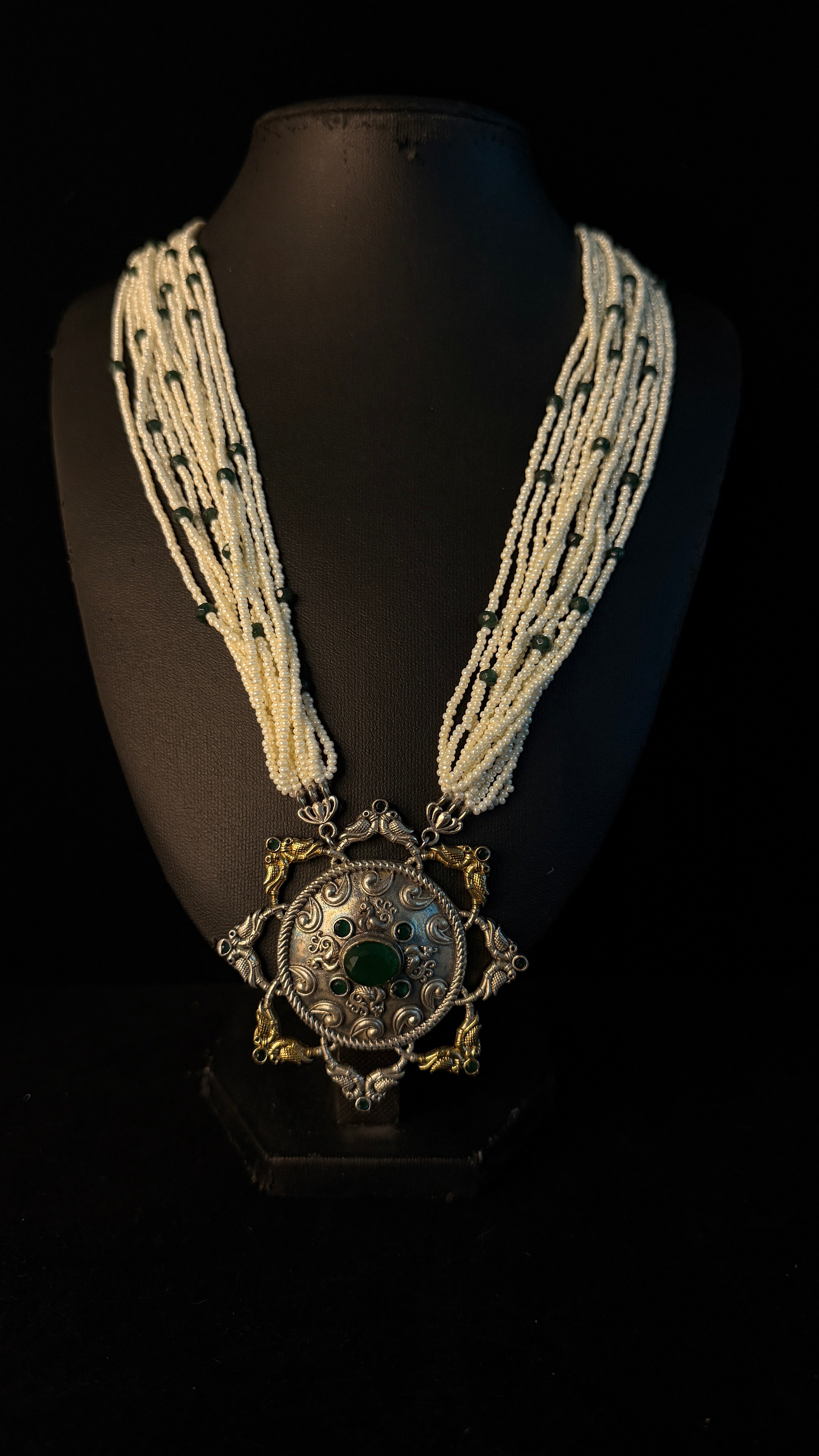 Dual tone necklace with green stones and earring