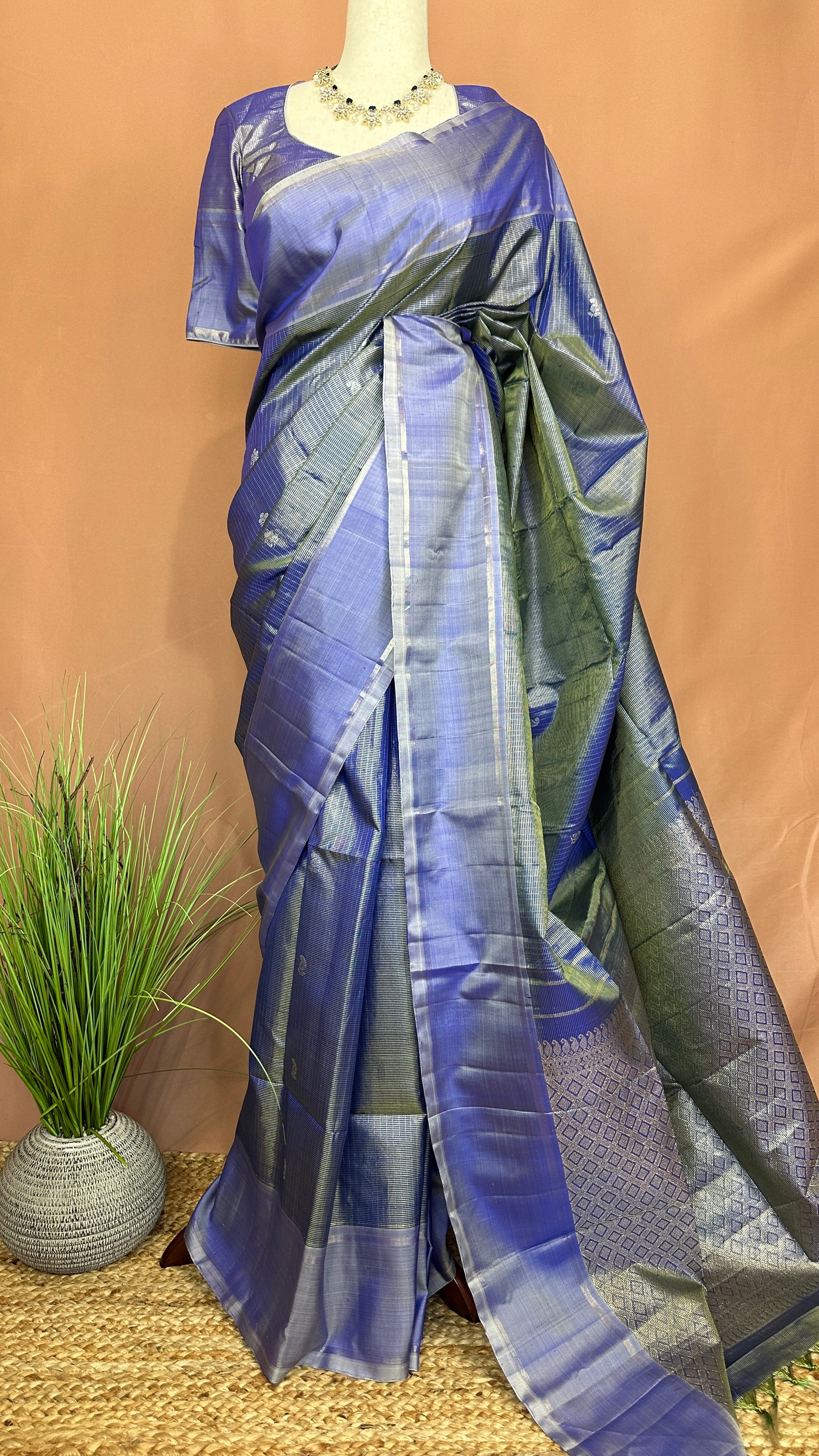 Periwinkle Handloom Pure Silk Tissue Kanchivaram Saree With Stitched Blouse