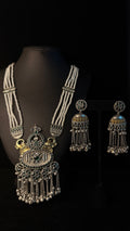 Dual tone necklace with green stones and earring
