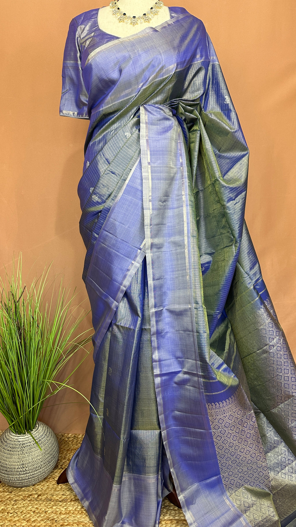 Periwinkle Handloom Pure Silk Tissue Kanchivaram Saree With Stitched Blouse