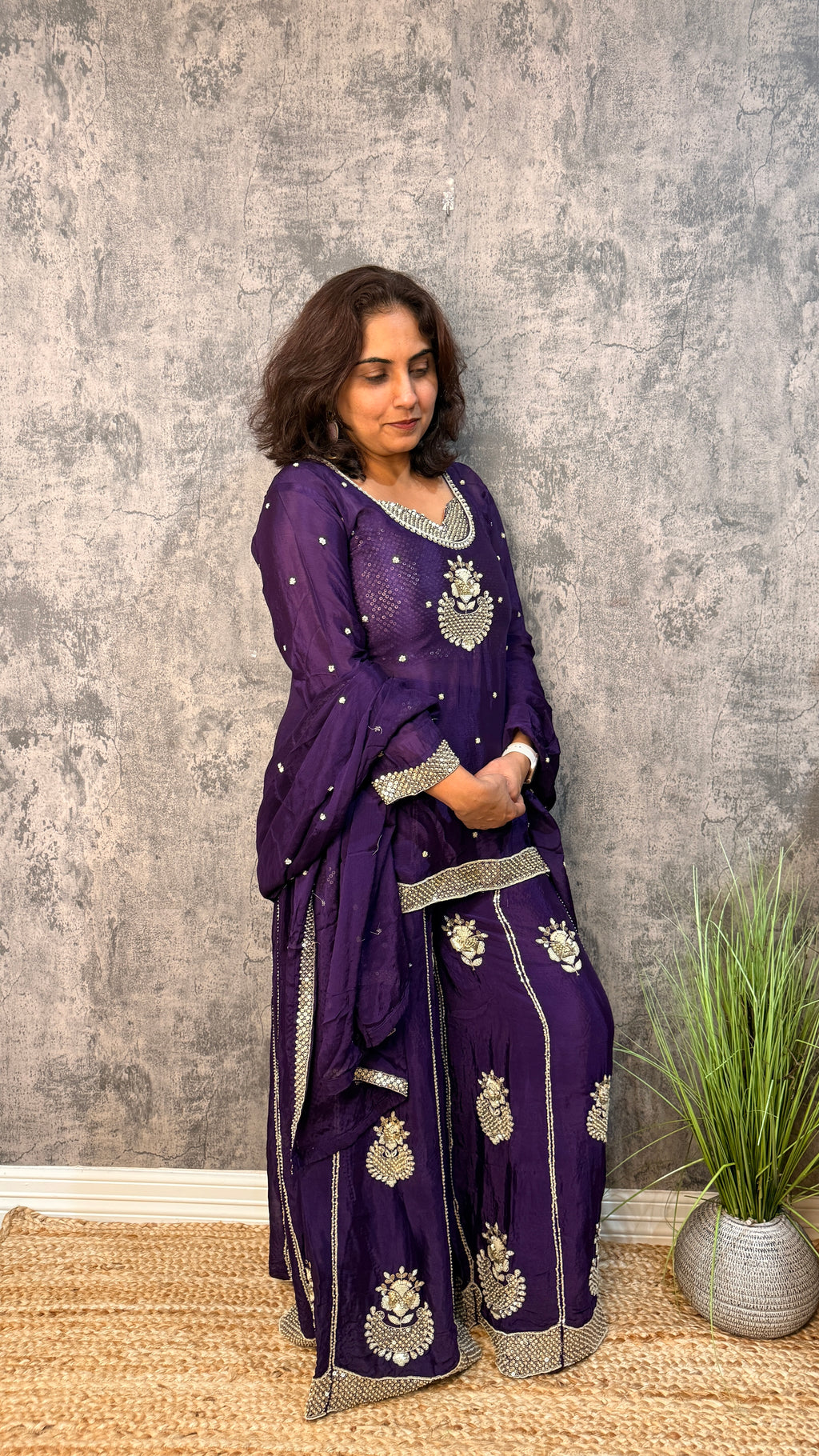 Purple chiffon silk short top with palazzo
