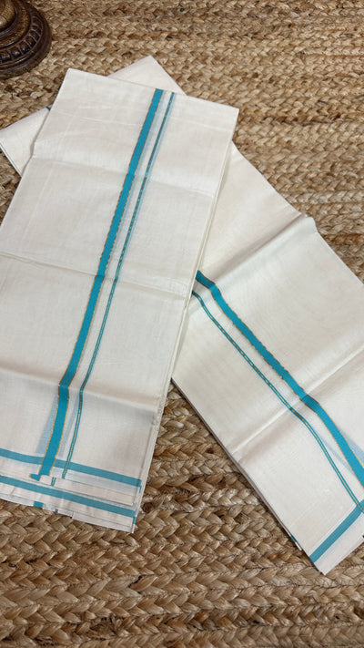 Puliyilakkara set mundu with light blue and gold border
