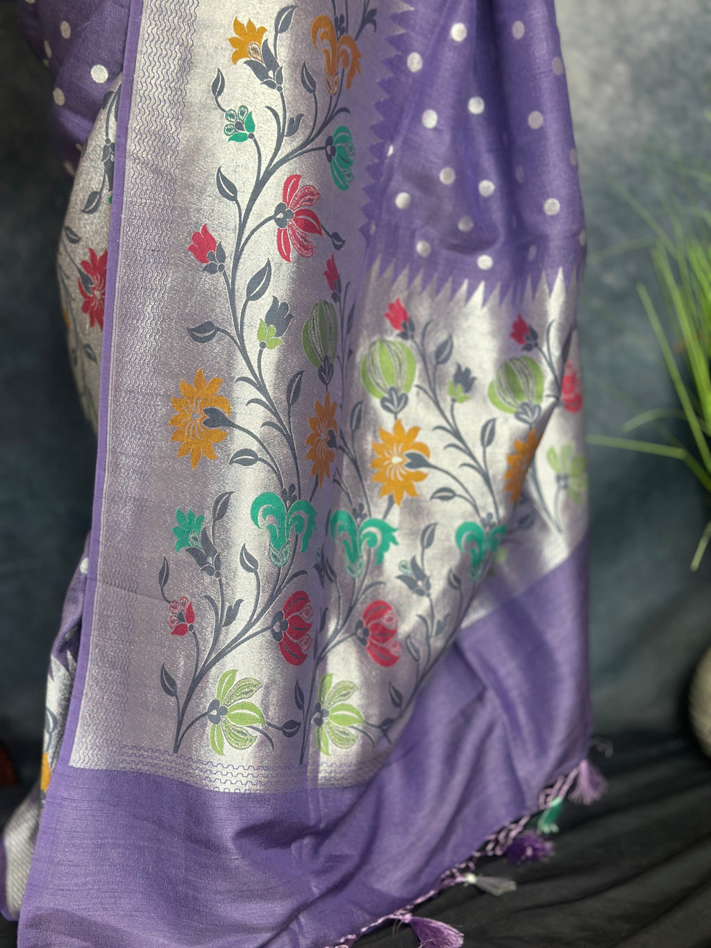 Pure Tussar Georgette Hand Loom Banarsi Saree With Paithani Border and Stitched Blouse