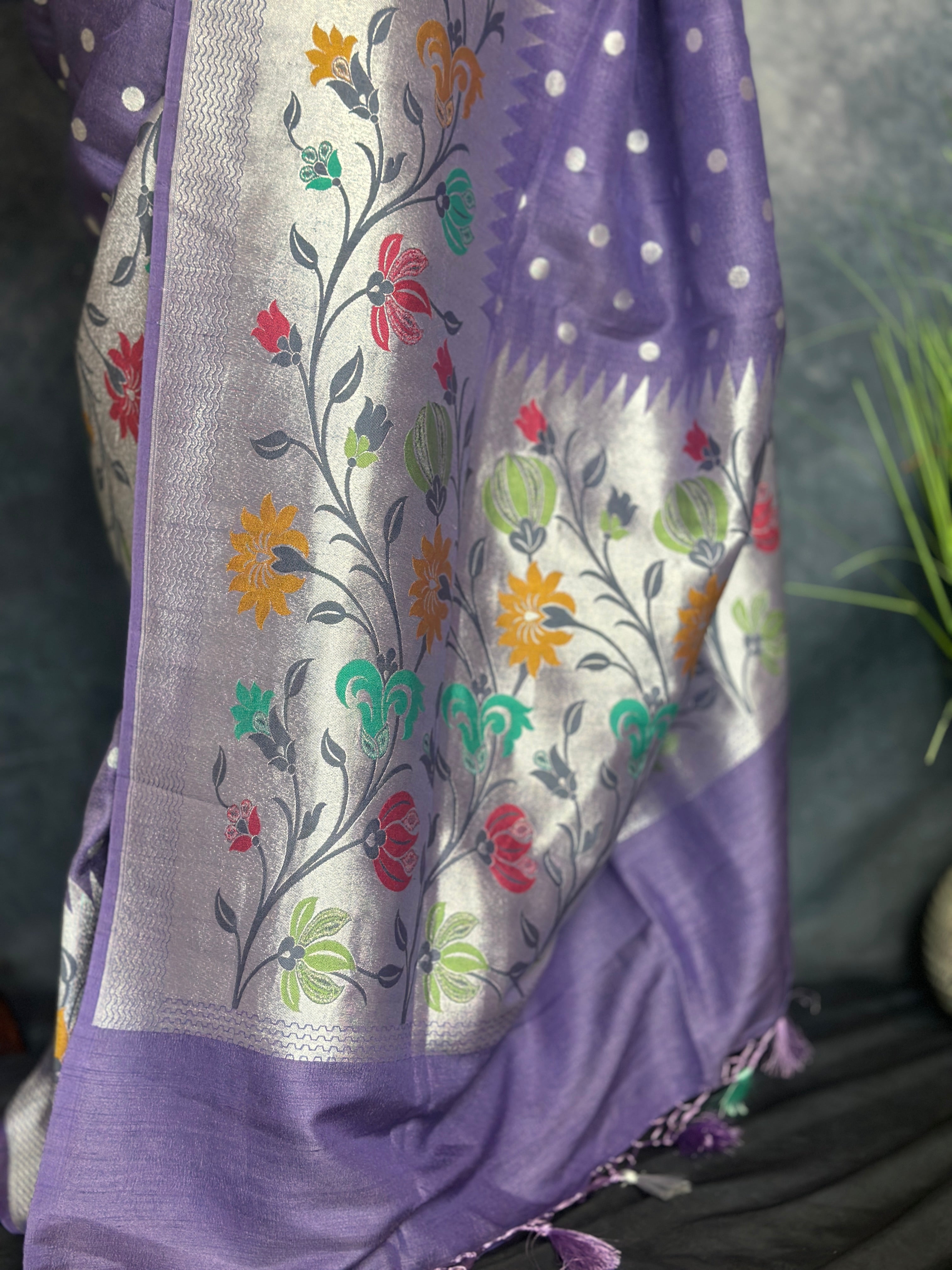 Pure Tussar Georgette Hand Loom Banarsi Saree With Paithani Border and Stitched Blouse