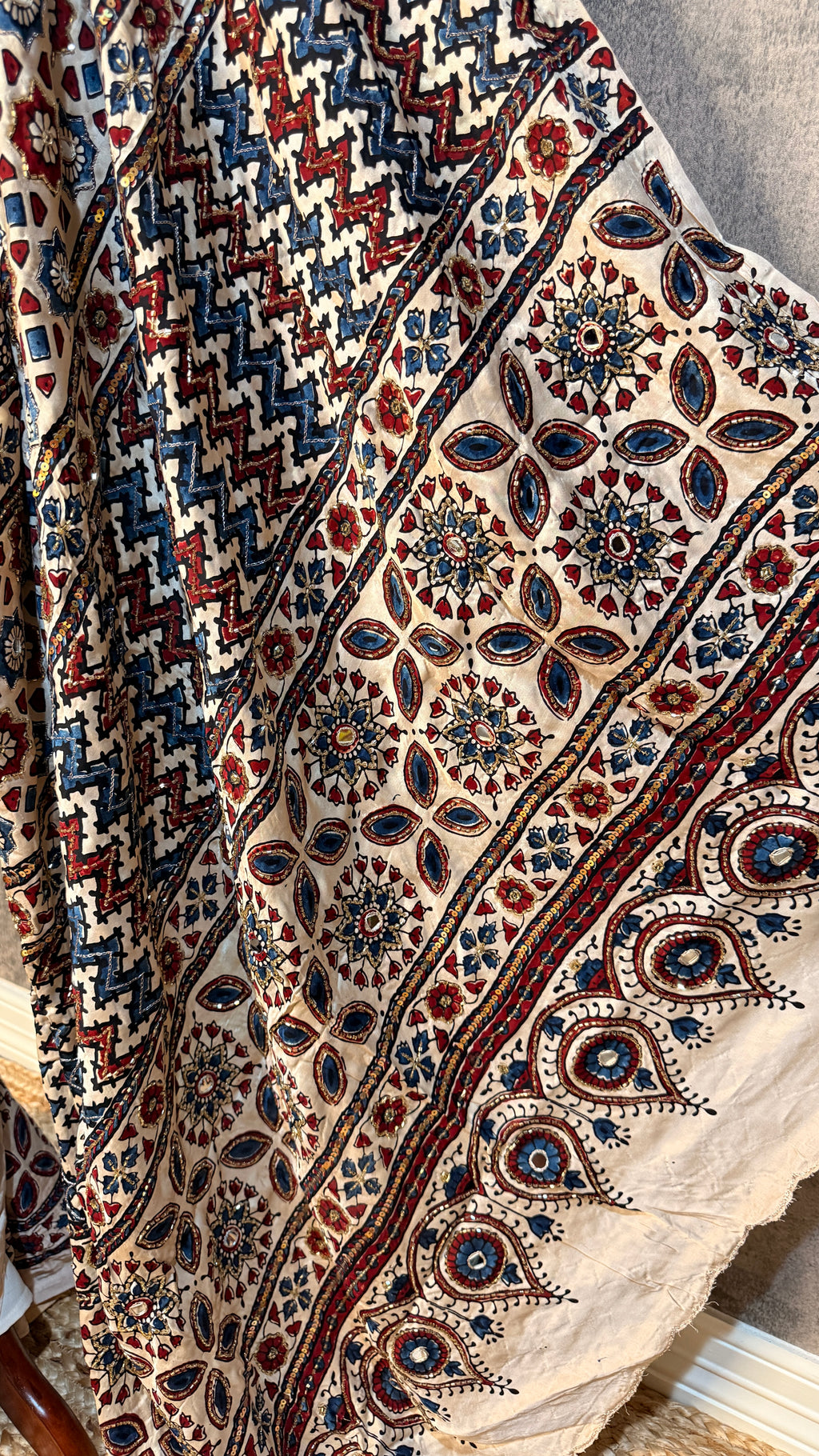 Modal silk saree with bead and mirror work , stitched blouse