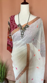 White  tissue linen saree with jamdani weave, with BP