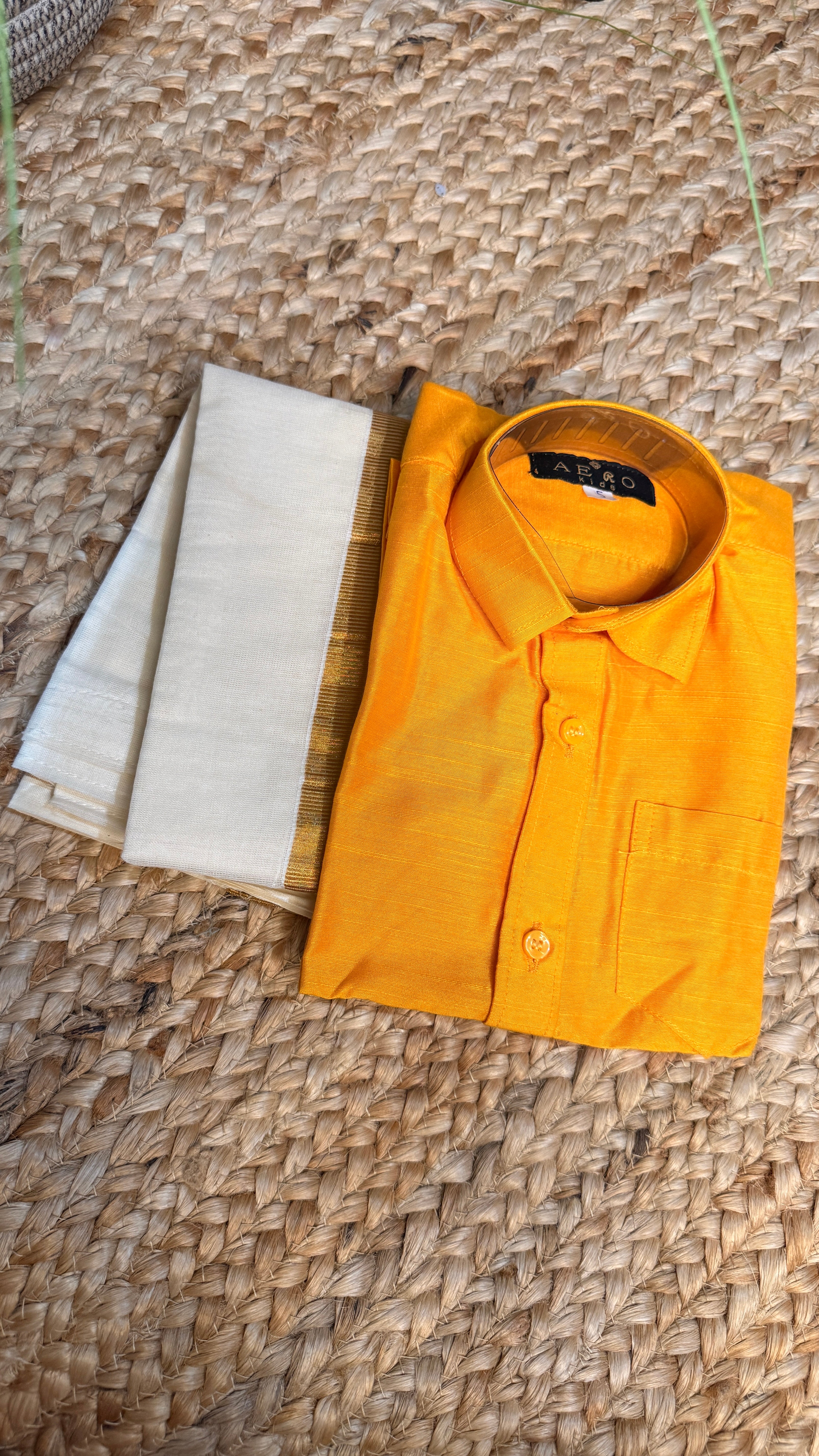 Boys Cotton silk yellow shirt with Velcro mundu