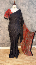 Modal silk saree with bead and mirror work , stitched blouse