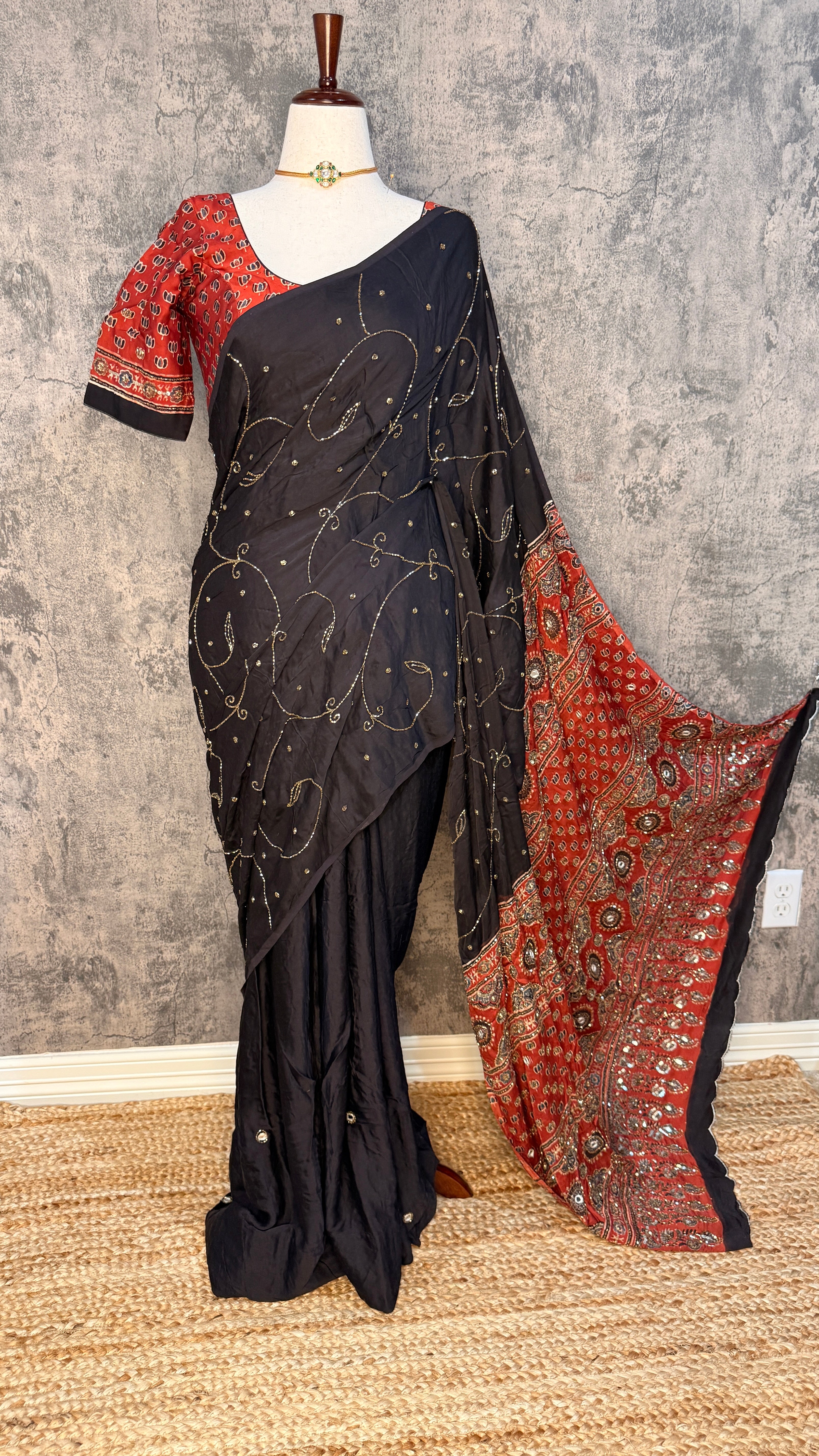 Modal silk saree with bead and mirror work , stitched blouse