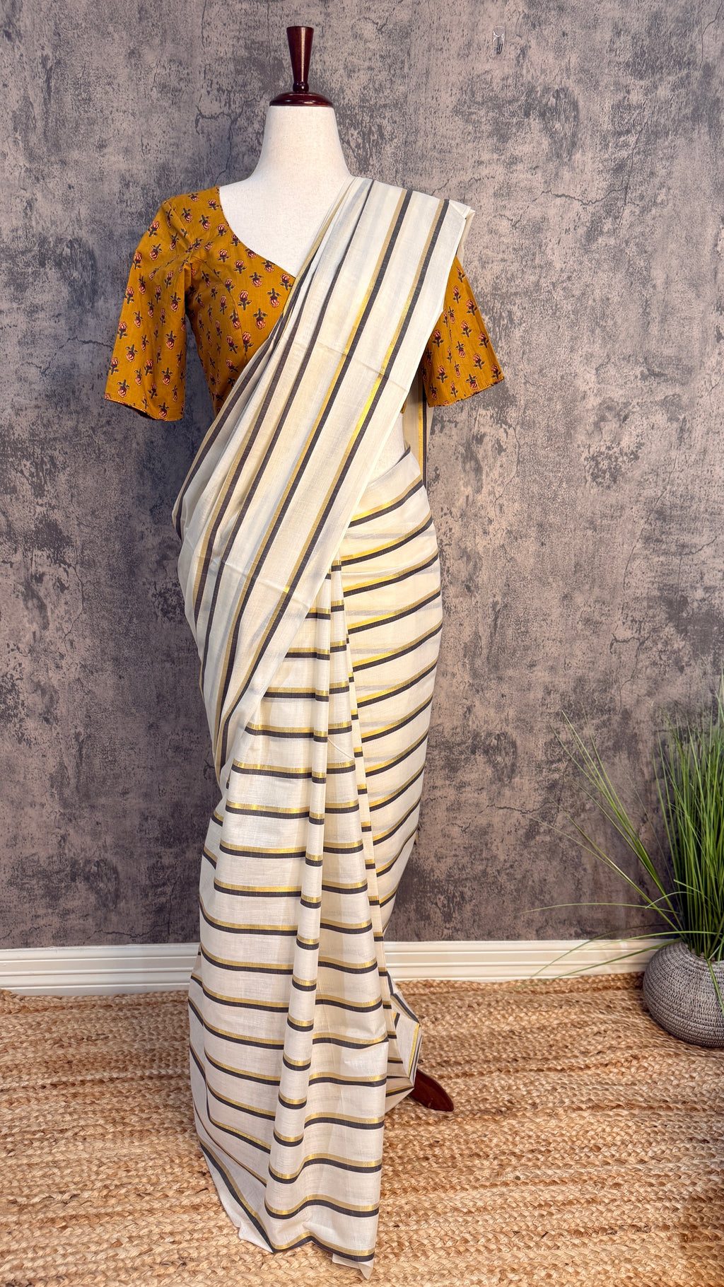 Soft cotton saree with coffee brown and gold lines