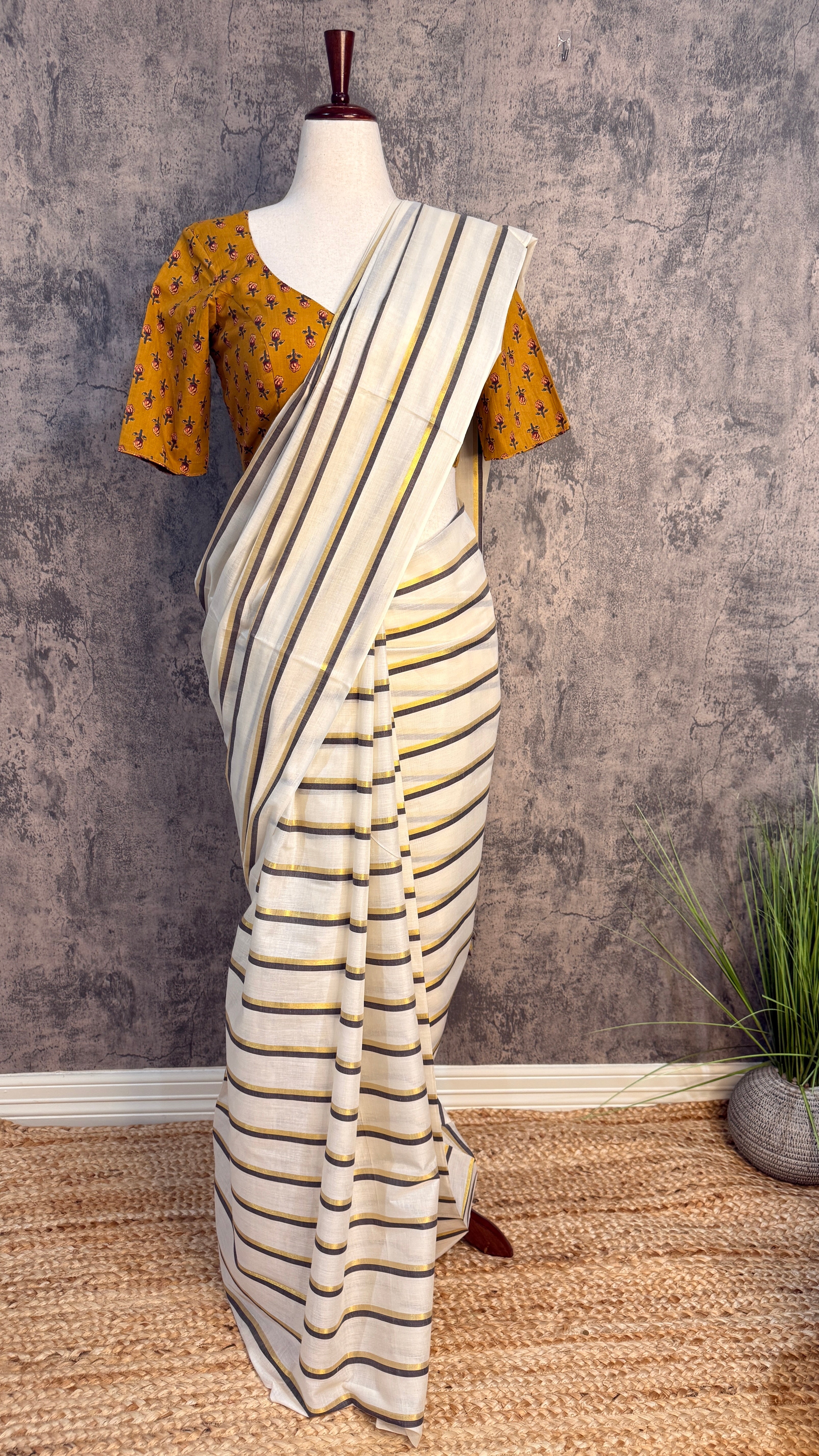 Soft cotton saree with coffee brown and gold lines