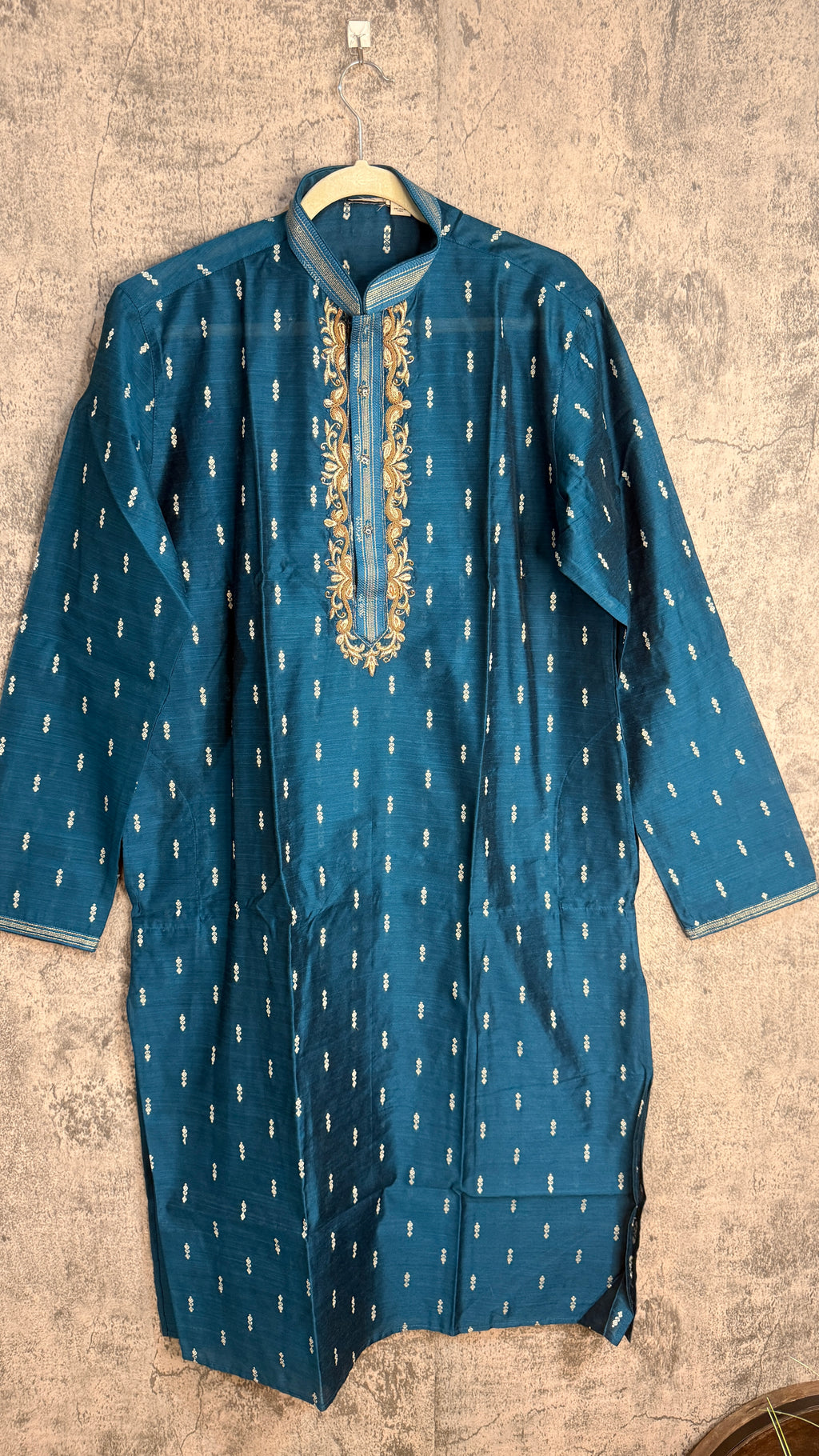 Peacock blue Silk kurta with zardosi hand work