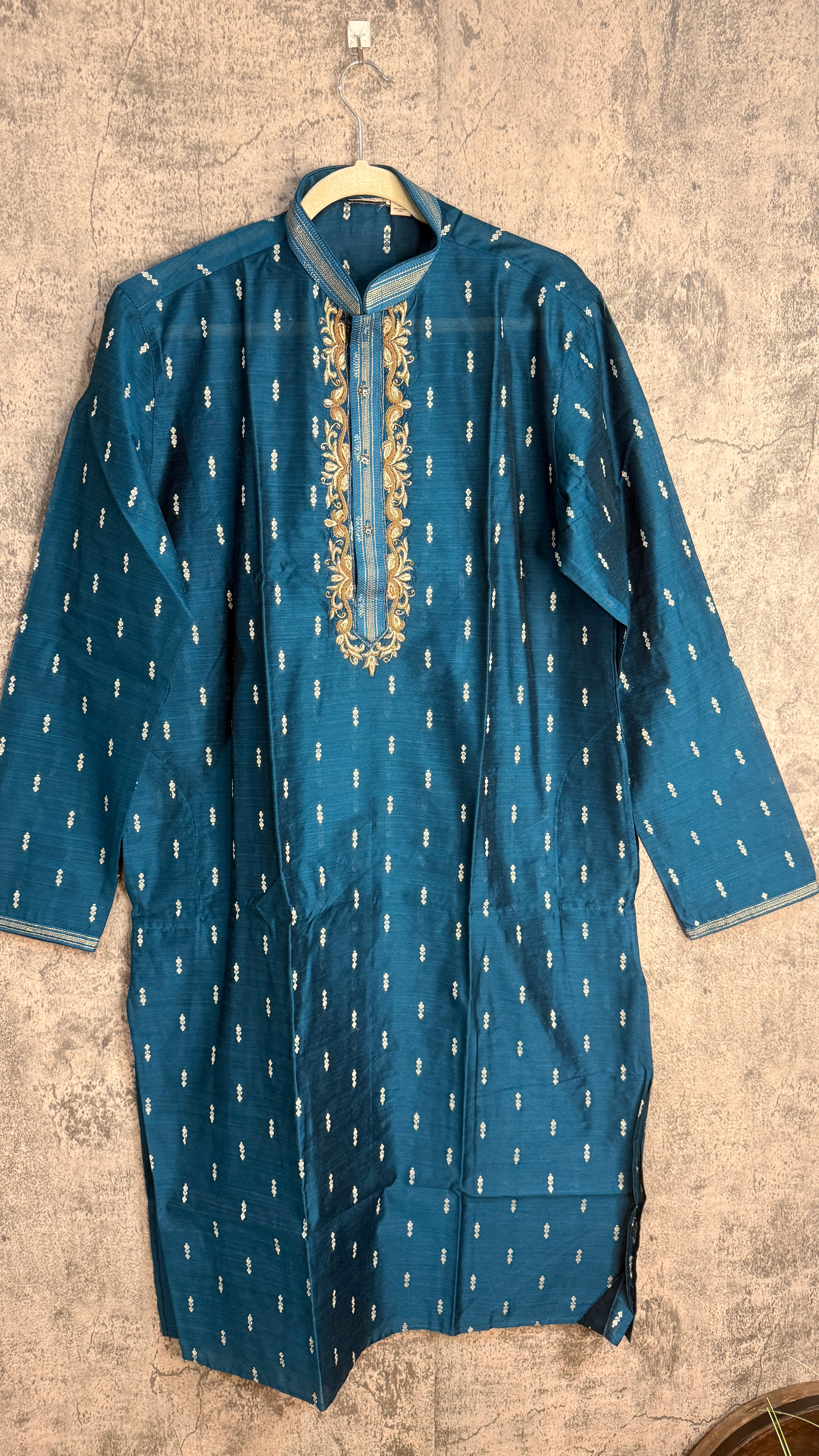 Peacock blue Silk kurta with zardosi hand work