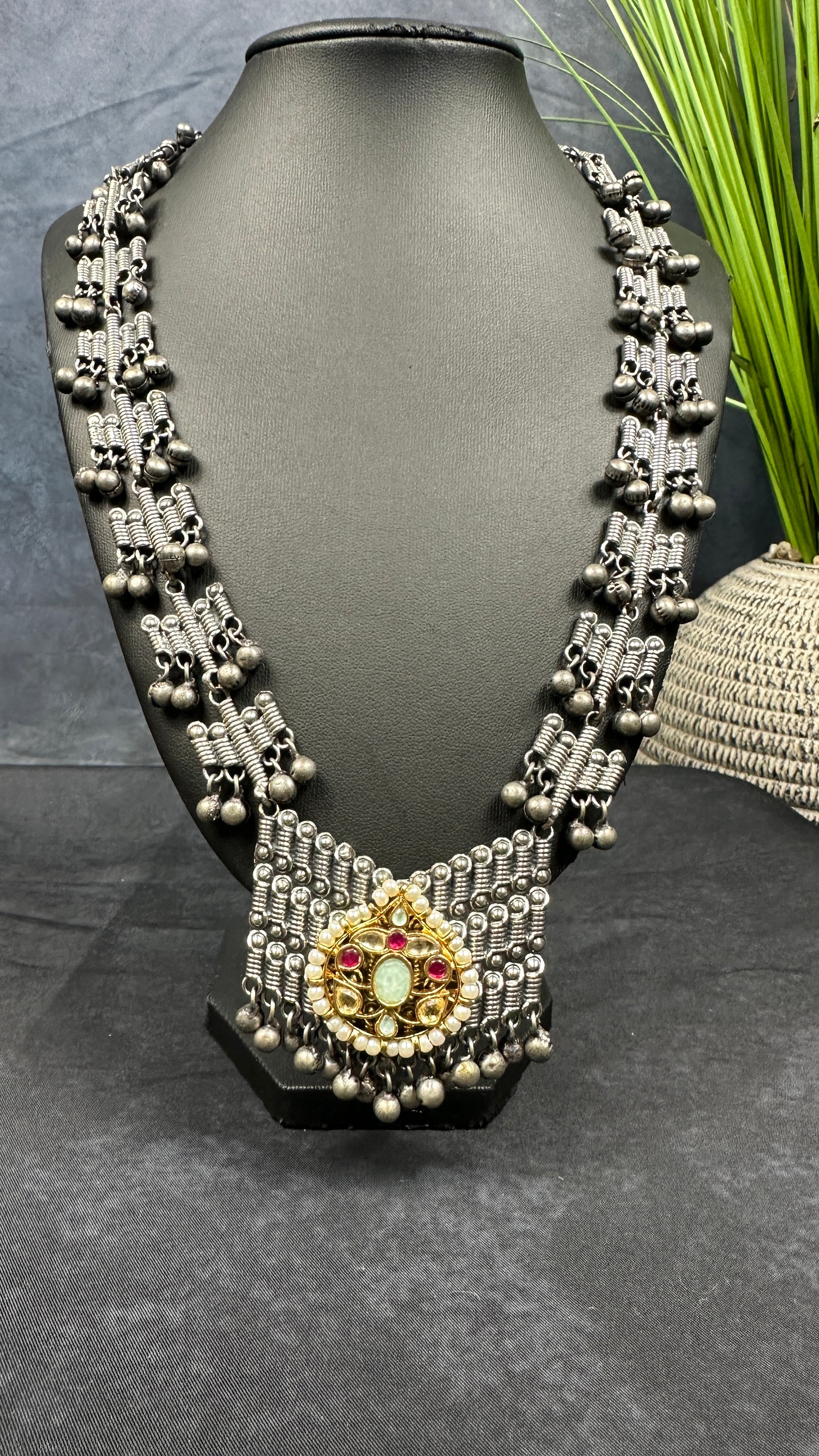 Silver replica long necklace with jadau pendent and earrings