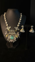 Dual tone necklace with pastel pink and green stones and earring